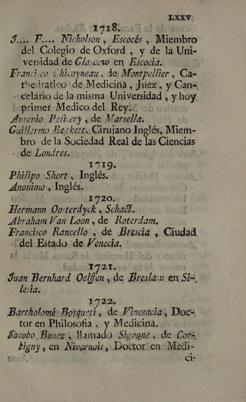 T ES d... F.... Nicholson , Escocés , Mhisibro del Colegio de Oxford , y “de la Uni- versidad de Glascow en Lo ! Francisco Chicoyneau , de; Montpellier, Ca- thedratico de Medicina, Juez, y Can- . celário de la misma Universidad , y hoy ^ primer Medicodel Rey: -... pon Pelivery , de Marsella. | Guillermo Bezkett. Cirujano Inglés, Miem- bro dela Sociedad Real de las Ciencias - de Londres. 1719. Philipo Short , Ynglés. Anonimo » Inglés. e ADO ; 1 Ha Oo:terdyck , Schact. — Abraham Van Loon , de Roterdam. Francisco Rancello , de Brescia , Ciudad del Bitqdos; de. Hi enecia. L 2I. Juan Bernhard ell en de Bresla:v en Six lesia. 1722. Bartholomé: Boiqueti , de Vincencia, Doc- tor en Philosofia , y Medicina. Jacobo Bousz , Mamado Sigogne ,. de Cors, bigny , en FOROR Dottor: en. Medi- Sut, ci-