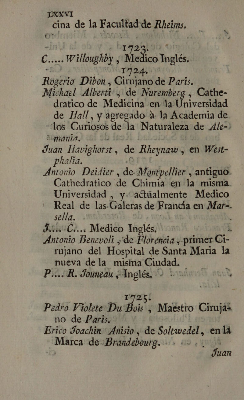 cina de la AC E a € JUR D le C... ind W ¡loughby j' bs ico Idés. 724. Roscio Dibon , Qin de Parts. Michael Alberti , de Nuremberg , Cathe- dratico de Medicina en la Universidad de Hall, y agregado à. la Academia de los Curiosos de la Naturaleza de Ále-: mania. - Kai Havighorst , j de Rheynaw , en West- phalia. Antonio Deidier , de Montpellier, antiguo. Cathedratico de Chimia en la misma Universidad , y- aítúalmente Medico Real de las. Galeras de Francia en Mar-. sella. Fino Co... Medico Inglés, sa Antonio Bencvoli , de Florencia , primer Ci- rujano del Hospital de Santa Maria la nueva de la misma Ciudad. | P....R. Jouneau ; Inglés. 100 tuu Pedro Violete Du' doi; Maestro Ciruja= no de Paris. Erico Joachin Anisio , de ere, en là MN de. Brandebow go Juan