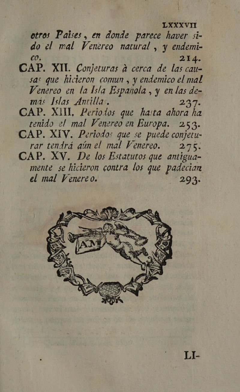 otros Paises, en donde parece haver si- do el mal Venereo natural , y endemi- co, 214. CAP. XIL Conjeturas à cerca de las cau- sas que hicieron comun , y endemico el mal Venereo en la Isla Española , y en las de- más Islas Antillas. 237- CAP. XIIL Periotos que hasta ahora ha tenido el mal Venereo en Europa. 253. CAP. XIV. Periodos que se puede conjetu- rar tendrá aún el mal Venereo. 275. CAP. XV. De los Estatutos que antigua- mente se hicieron contra los que padecian el mal Venereo. 203. LI-