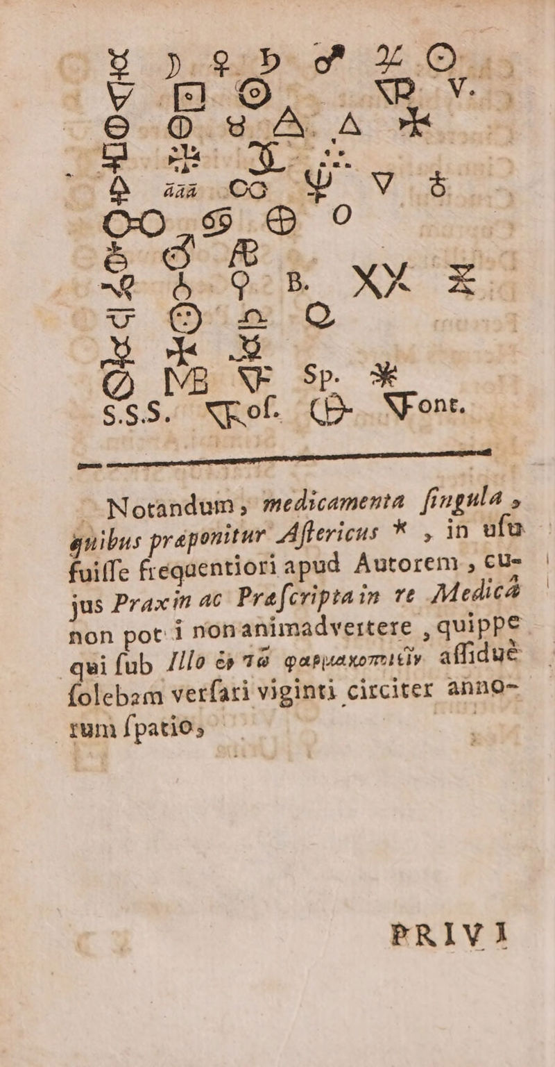 DO «1c à JA Q o GO t ] | i Mer e] S 0* o e u i: —- 8 VP ^ -: Notandum , medicamenta. fingula , gibus praponitur Afferieus * , in ufu fuiffe fregaentiori apud Autorem , cu- | jus Praxin 4c Prafcriptain e Medica non pot 1 non animadvertere quippe qui (ub Jl[o &amp;» 3€ qasuaxoritiv affidue (olebam verfari viginti circiter anno- fum fpatio, | PRIVI