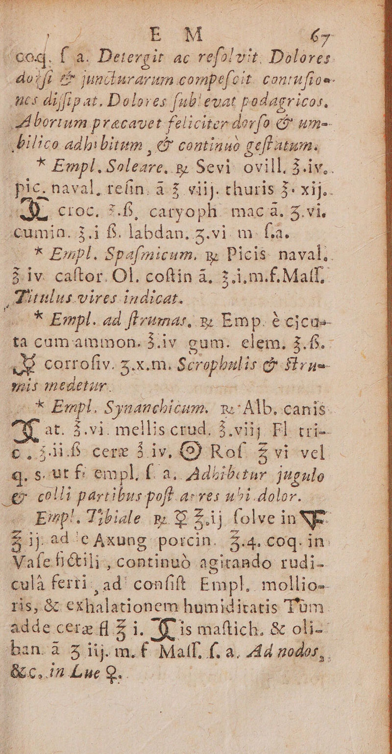 WU Mee U NOSE ROO pod E M 67 (eod. (á a. Detevgit ac refalvi t: Dolores. doift £&amp; jundiurarum compe(eit. contufiao- ues difipat. Dolores fubieuat podagri icos, Moborium pracavet feliciter dorfo € ume. .lilice adhibitum , c continuo gi Pipm  Danh Soleare, &amp; Sevi: ovill. 3.iv,. pic. naval, ren. 3-2. «iij. thuris 3» xij. E. croc; 8.0, catyophi mac a. 5.vi, cumin. 3 P344 lab dan. z.vi m dia, y Emph. Spa micum, * Picis- naval. idv culier. Ol Poffín à; ; i.m. E. Mall itulus. vires indicat. «* Empl. 4d [Erimat, 3, Emp. € ejcae- ta cumammon.3.iv gum. elem. 3.6.- we cotrofiv. z.x.m. Ser pali ér fru sasmedetar. Jk PBnpL. Synancbicum. m Alb, canis at. $.vi. mellis ctud. 3.viij Fl. tri-- 2 idif- cere $.iv. (9) Rof. $vi vel yt sut £ empl. . a. Adbiburar jgulo € colli partibus poft a- ves u^i.dolor. Ep. J;biale. Ri. Sj $4 ij folve inNE- ijad-/eAxung poicin. 3:4. COq. in: ds fiétili, continuó agirando rudi- .€ulà ferri, ad' confift (t Empl.. mollios- ris. 3c. exhalationem humiditatis T'üm. adde cerz (d B Ais maftich. &amp; oli-: bin.a 5 iij. m.f Mall, f. a. Ad nodos, | &amp; c. 1 Lue Q..