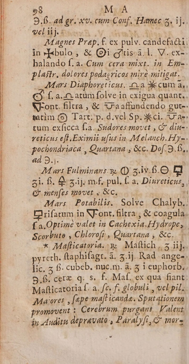 69 M.A . 8.6. ad gr. xv. cum Conf. -Hamec 3. ij. vel iij LA Ur Nt Magnes Prap.f. ex pulv. candefa&amp;ti, in »j«bulo , &amp; (Si gus. à.l. V.ex-. halando f. a. Cum cera-mixt. in Em-. ploflr. dolores podasricos miré mitigat. Mars Diaphoreticus. c.a 3k cum a., c f. a.C atum folve in exigua quant.. W-ont. filtra , &amp; Uraaffundendo gut-. satim (S) Tart; p. d.vel Sp. 3kci. vae tum exficca f.a. Sudores movet , Q diu-: veticus efl .Eximii ufus ia M elauch. FH y- - pochoudriaca , Quartana , &amp;c. Dof.9.b,, 4d 3.j. | AM ars Fulminans- y, (D zÀv.6.O Dll zi. f. d z ij. m.£, pul. f. a. Disreticus, , &amp; men[es 120vet , &amp;c. Mars | Potabilis.. Solve |. Chalyb.. E rifatum in NFont. filtra , &amp; coagula. f a.Optimé valet in Cachexia.Hydrope, | | Scorbute , Chloroft , Quartana $ &amp;c,..43 * Maflicatoria, x; Mafttich, 5 iij. pyreth. ftaphifagr. à. z.ij Rad ange-. lic. 5 6 cubeb. nuc.m. à. 5 i euphorb,. 9.6. cerz. q. s. f. Maí..ex qua fiant: Mafticatoria f. a. fc. f. globuli , vel pil. Mares , [ape maft icauda. Sputationem vomovent : Cerebrum. purgant Valeut áu Audit depravato Paraly[fi,C tr» -