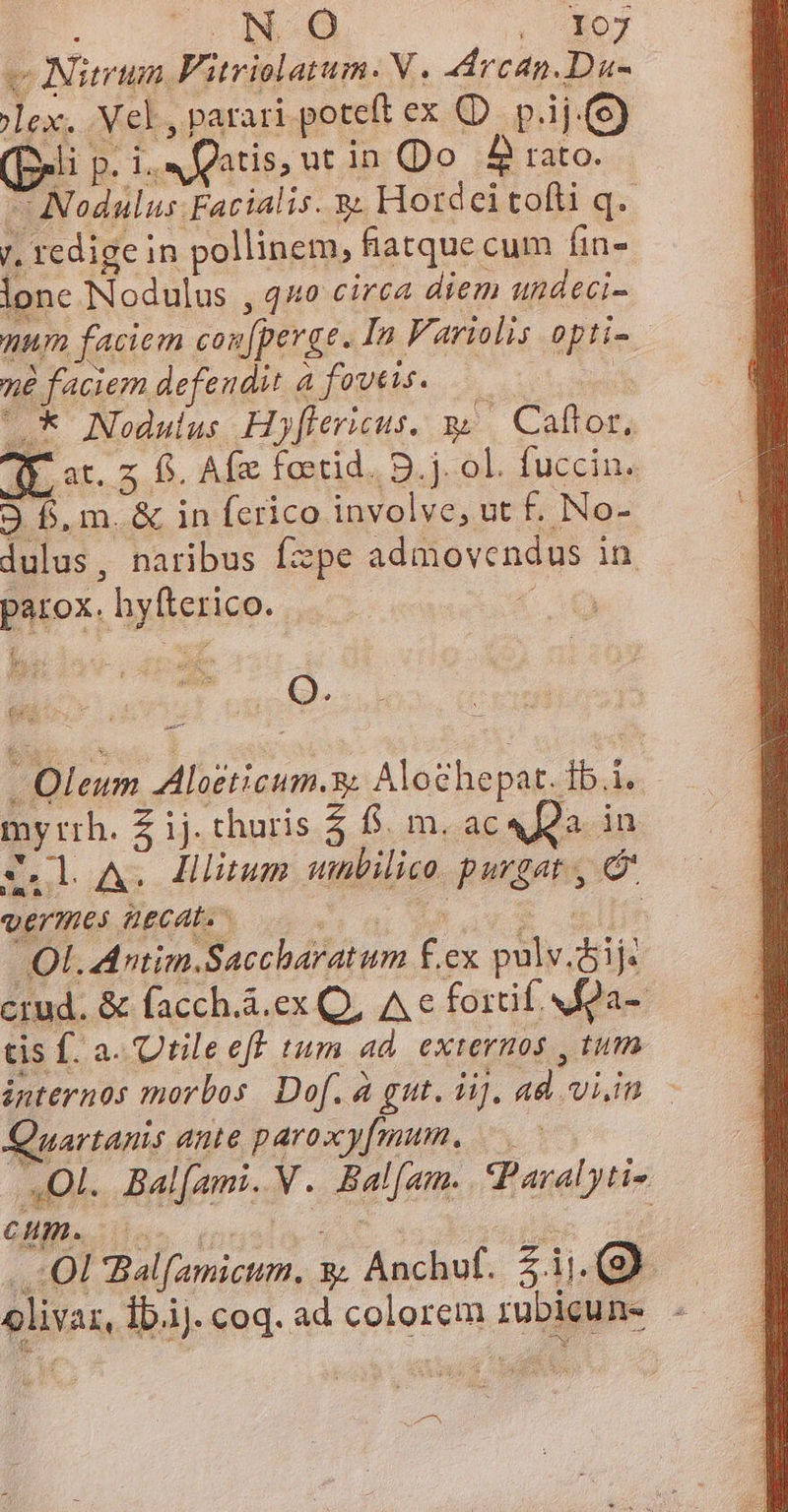 I0 (oT £j Nüevum, Vitriolatum. V. ddrcan.Du- lex. Vel, parari poteft ex &amp;D.pi ij. (S) eb p. 1. A Qatis, utin Qo 2 rato. * Nodulus. Facialis. s Hordci tofti q. j. redige in pollinem,. fiatque cum fin- lonc Nodulus , quo circa diem undeci- nom faciem con perge. In Variolis aki jet defendit à foveis. * Nodulus Hoffericus. &amp; — Caftor, Y at. Z. d. Afz foetid. 9. j. ol. fuccin. 3 f.m. &amp; in ferico involve, ut f. No- ulus, naribus fzpe admovendus in es -byfierico. 9. dS eum AMierioum. Rz Alochepat. diee - myrh. Z ij. thuris 5 f. m. aca Qa in eloA. dtum umbilico quudpns [^ vermes. üECALS OL. Antim.Saccharatum j ex o9. 5ij. crud. &amp; facch.á.ex Q, A e forif «fga- tis f. a- Utile eff tum ad. externos , tum internos morbos. Dof. à gut. iij. ad vi.in Quartanis ante paroxy[mum, OL. Bal(ami. F- Balfamn. Paral yti- cum. | .0l Zalfamicim. y Anchvf. Zi. (9 olivas ib.iJ. coq. ad colorem uioicun-