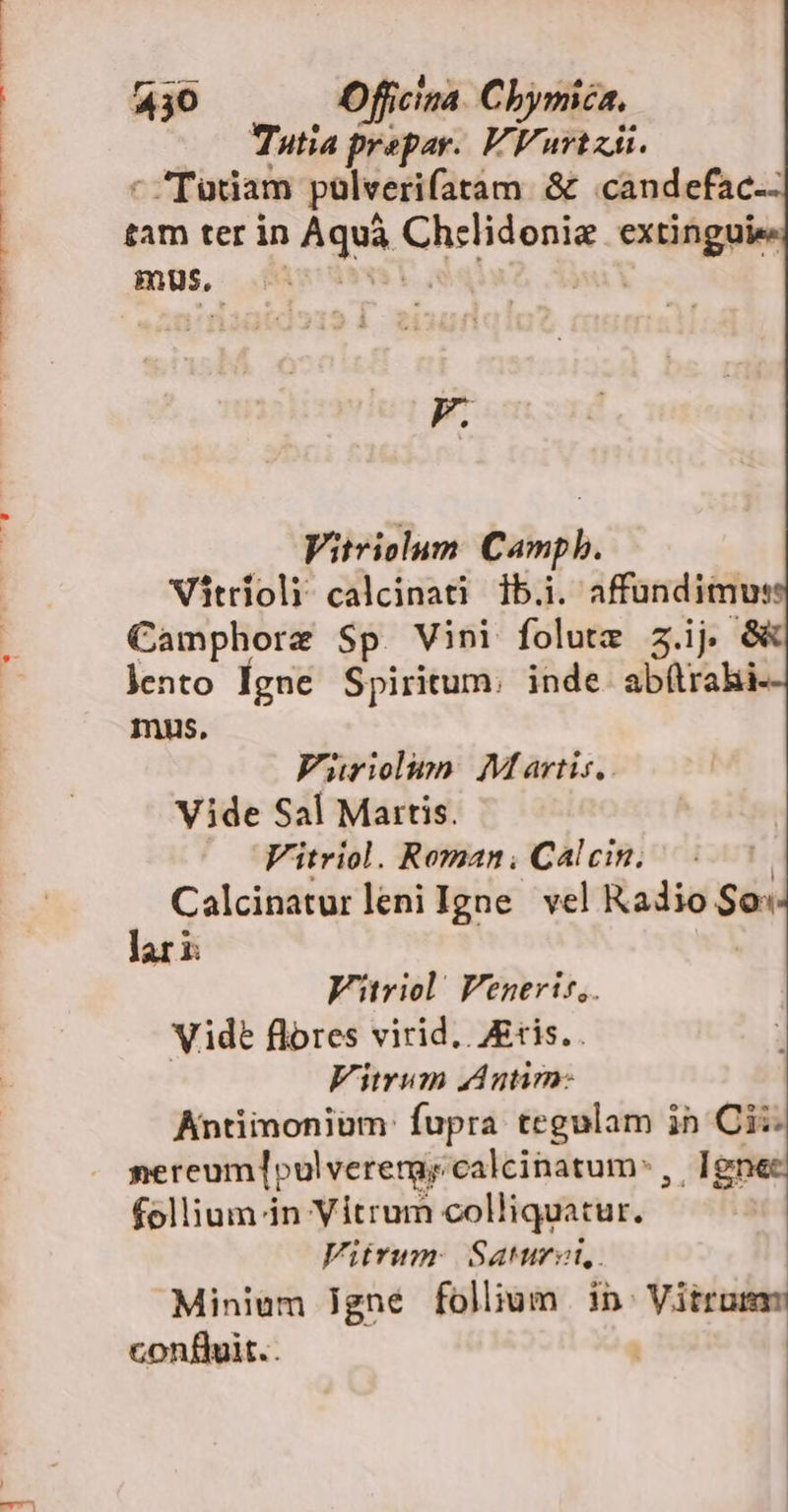 4430 Officina Cbymica, Tutia prepar. VFurtzi. ' Totiam pülverifatam &amp; .candefac.- tam ter in Aquá Chlidonia cniipe mus, | | p. Vitriolum Campb. Vitrloli calcinati 1b.i. ao^ Camphore Sp Vini folutz 3.ij G&amp; jento Igne Spiritum. inde ab(trah mus, Furium Martis, . Vide Sal Mattis. Vitriol. Roman. Calcin., Calcinatur leni Igne vel Radio $o: lari: Fiüriol Venerir,. Vide flores virid,. ris. Vitrum AAntim: Antiionium: fupra tegulam in Ciz nereum]pulveremy calcinatum* , lgnec follium in Vitrum colliquatur. Vitrum: Saturzit,. Minium Jgne follium in. Vitrumm confvit..