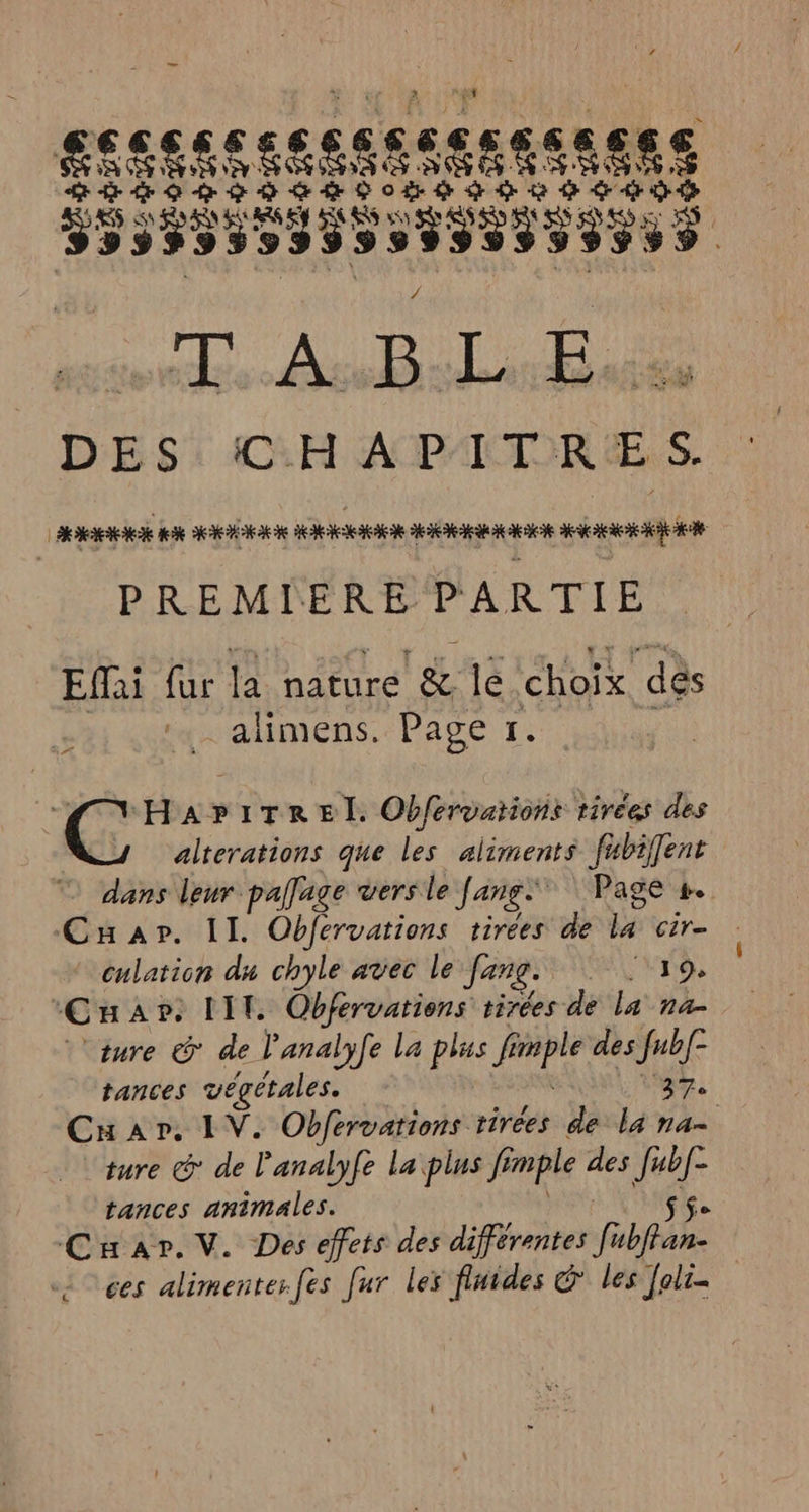 DES: 4C:H A P'ITIRES. È ARNRNNE HE POÉEE AREA ARR AO EEE PREMIERE PARTIE Effai fur la nature &amp; le choix dés alimens. Page 1. CC HaAPiITREel. Obférvarions tirées des alterations que les aliments fubilfent © dans leur. pallage vers le [ang Page +. Cuap». 11. Obfervations tirées de la cir- culation du chyle avec le [ang : 19, Cuap»: LIT. Obfervations tirées de la na- ‘sure © de l’analyfe La plus fimple des fub[- tances végétales. Nu the Cuar, IV. Obfervations tirées de la na- ture &amp; de l'analyfe La plus fimple des Jub[- tances animales. ht Se Car. V. Des effets des différentes [ubffan- ces alimenter fes fur les finides les foli-