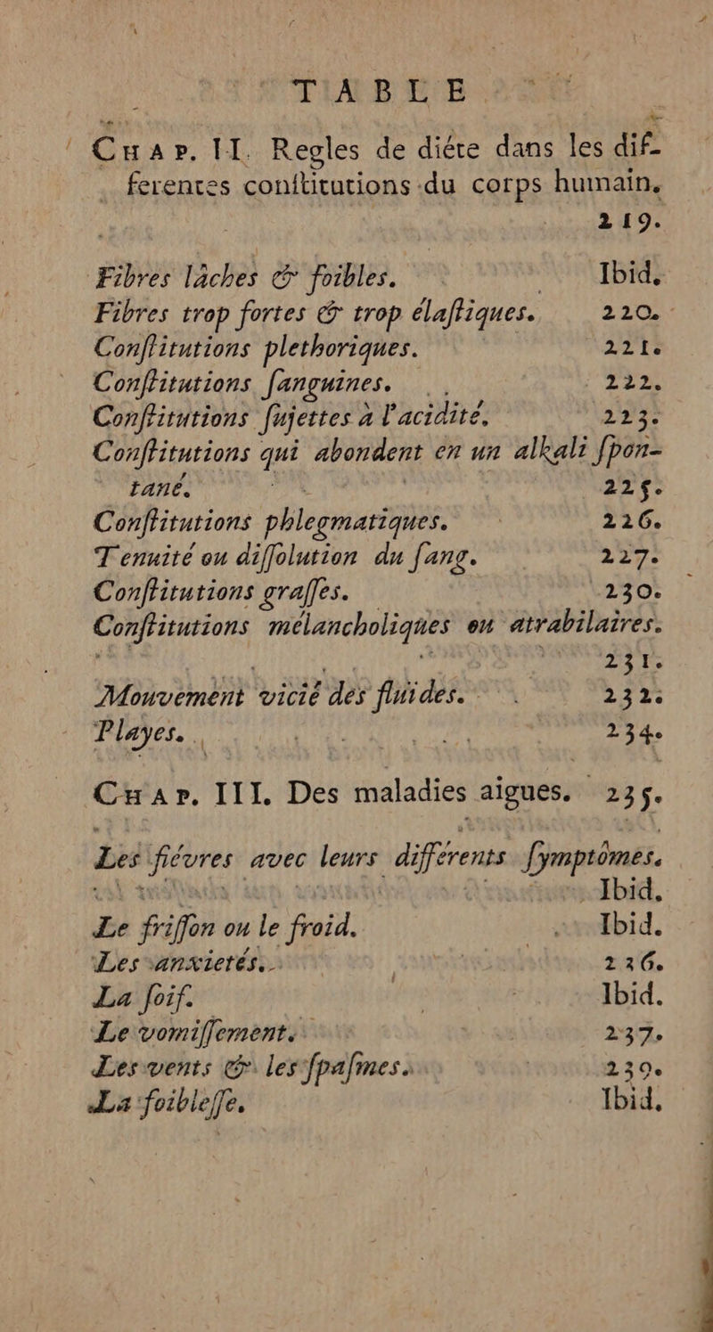 TAB PE. : ! CHap. II. Regles de diére dans les dif ferentes conititutions du corps humain. à 219. Fibres lâches © foibles. ARTE Fibres trop fortes &amp; trop élaffiques. 220 Conffitutions plethoriques. 223 Conflitutions [anguines. Ti Conflitutions [ujettes à l'acidité, 22 Conffitutions qui abondent en un alkali fpon- tan. A | 225$. Conffitutions phlegmatiques. 226. T enuité ou diffolution dn fang. 27: Conffitutions gralles. Va: !: Conffitutions mélancholiques on atrabilaires. Et “ant 4 int ueg ds Mouvement vicié des fluides. do Playes.. als à 234 Cap. III Des maladies aigues. 23$e Les fiévres avec leurs differents [ymptomes. Le friffon ou le froid. xvébid. Les anxictés. RARE 226, La foif. te Ibid. Le vomiflement.. dau 237. Lesvents Gr les fpafmes | 239. La foiblefe, Ibid,