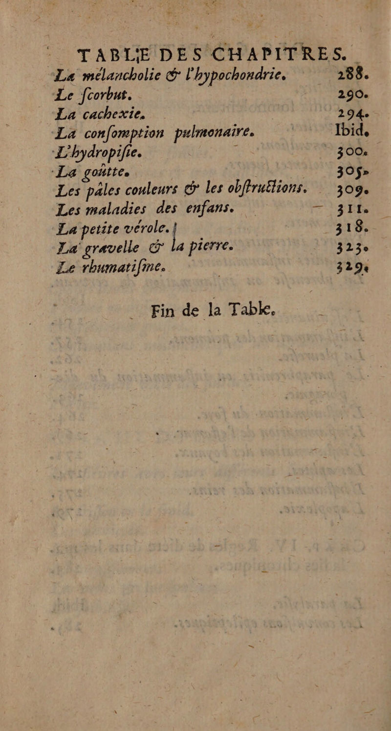 La mélancholie &amp; l'hypochonarie, Le fcorbut. La cachexie, La confomption pulmonaire. L'hydropifie. ; La goûte, Les maladies des enfans. La petite vérole. La gravelle c la pierre. Le rhumatifme. Fin de la Tabk. — 288. 294. 30Os 30$» 309 3230 329
