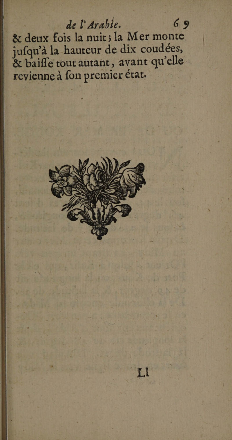 | &amp; deux fois la nuir; la Mer monte | jufqu'à la hauteur de dix coudées, &amp; baiffe tout autant, avant qu elle revienne à en premier état. fe hi