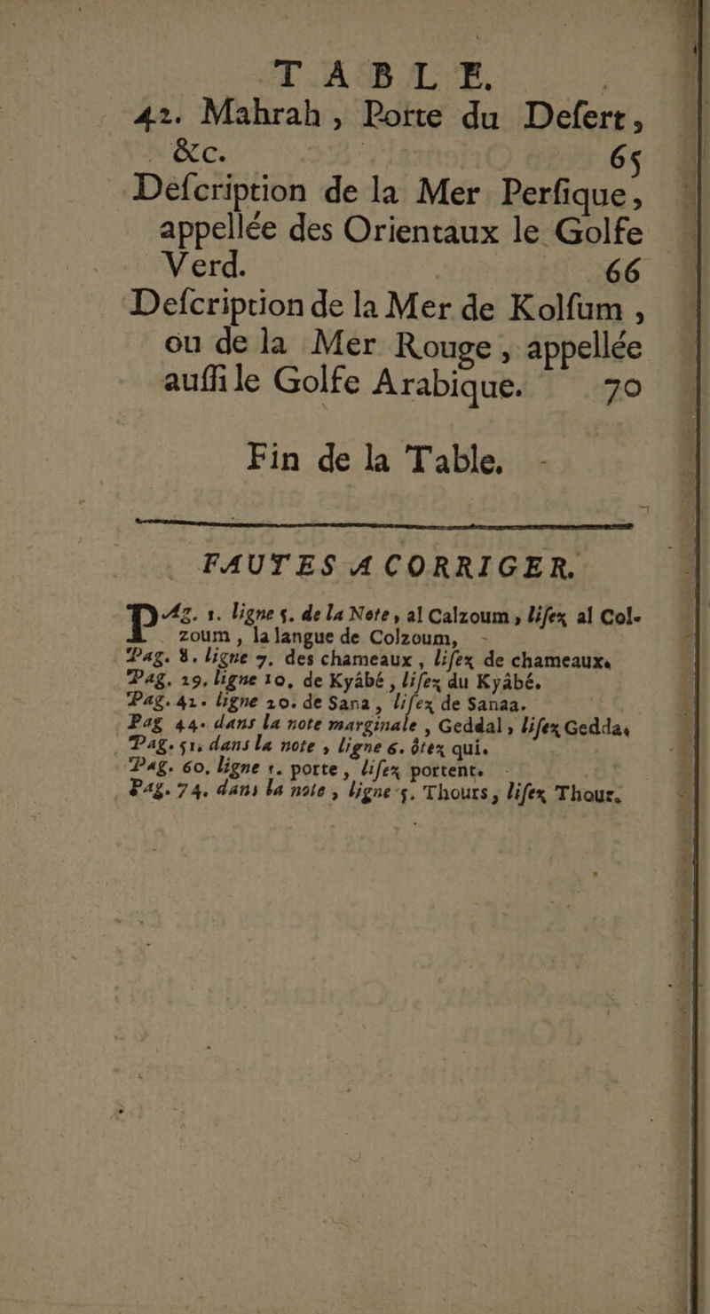 LADA E 0 42. Mahrah, Poïte du Defert, x EC: | 6$ Defcription de la Mer Perfique, appellée des Orientaux le Golfe Verd. 66 Defcription de la Mer de Kolfum , ou de la Mer Rouge , appellée auffile Golfe Arabique. 70 Fin de la Table, FAUTES A CORRIGER. P< 1. ligne $. de la Note, al Calzoum, lifex al Col- zoum , la langue de Colzoum, - Pag. 3. ligne 7, des chameaux , Lifex de chameaux. Pag. 19. ligne 10, de Kyäbé , lifex du Kyäbé. Pag. 41. ligne 10. de Sara, lex de Sanaa. Pag 44: dans la note marginale | Geddal , lifex Geddas . Pag: sr; dans la note , ligne 6. ôtex qui. Pag. 60, ligne r. porte, Lifex portent. P44. 74. dans la note, lignes. Thours, lifex Thour.
