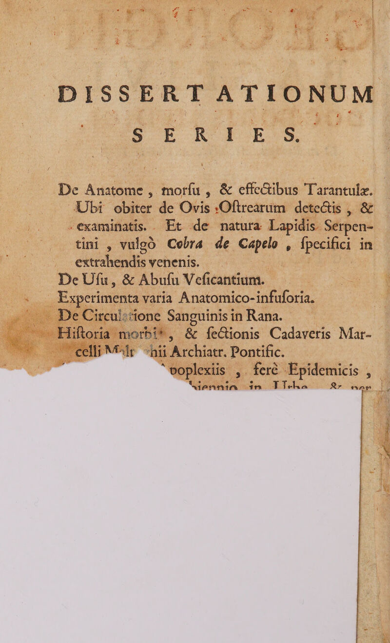 DISSERTATIONUM SERIES De Anatome , moríu , &amp; effe&amp;ibus Tarantulz. Ubi obiter de. Ovis :Oftrearum. dete&amp;tis , &amp; .examinatis.. Et de matura Lapidis. Serpen- tini , vulgó Cobra de Cápen , Ípecifici in . extrahendis venenis. De Ufu, &amp; Abufu Veficantium. bpm varia Anatomico-infuforia. - De Circu::stone Sanguinisi in Rana. Hiftoria. morbi*, &amp; feGionis Cadaveris Mar- celli Mir ^ni M rhiier. Pontific. 'voplexiis ,. feré Epidemicis ,