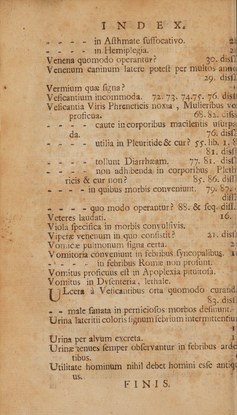 ARA D um 2 qu mE. -.- - - jn Afthmate füffocativo. ^» - - - dn Hemiplegia. . Venena quomodo operantür? : Venenum caninum latere pote(L per multos anno | TUE : ( * Vermium qua figna?  | Veficantium incommoda. — 72. 73. 74:75. 76: disf . Veficantia Viris Phreneticis noxia , Mulieribus ve  TRE proficüa. 68. 82. dif$; :- E » - - - dQaute incorporibus macilentis ufürpa 5s da. ARE : zu psqu 050 s. 05 c. o utilia in Pleuritide&amp; cur? 55.lib. 1. $ E d.d 481. disfi E 21's cse tollunt Diheam.- 477. 81.- dial] L ^2 4-5. hon adhibenda; in corporibus . Pletl ! ricis &amp; cur non? $5. 86. diffi ». *» - - -in quibus morbis conveniunt. — 79. a : b diff] 2 « » - quo modo operantur? 85; &amp; feq. diff. NW eeres laudati... * R07 OW -. Viola fpecifica in morbis convulfivis, o Mipere venenum in quo confistit? À1. disf, Vomicse pulmonum figna certa; , 2 V omitoria conveniunt in febribus fyncopalibus. 4i -- - - infebribus Rome,;non profunt^ | 5. — ..* Nomitus proficuus eft in Apoplexia pituitofa. . — Y. Voritus in Dyfentefia, lethale; 9. 15 $4 X. qo prem à Veficantibus orta quomodo curand Po 83. disf, -» . male fanata in perniciofos morbos definunt; | Urina lateritii coloris fignum febrium intermittentiu; ne | | &amp; li zs or. occ d RS rade Uum e eger V EST Rede Y P dod ap dee x - 3 eS A SA * ; - d A PM c E TUM z - Urina per alvum excreta. I Urine xenues femper obfervantur in febribus arde tibus. Qe X S j 44* . . ? D . 1 * * EL | | Utilitate hominüm nihil debet homini esfe antiqi Uus.. i A ;