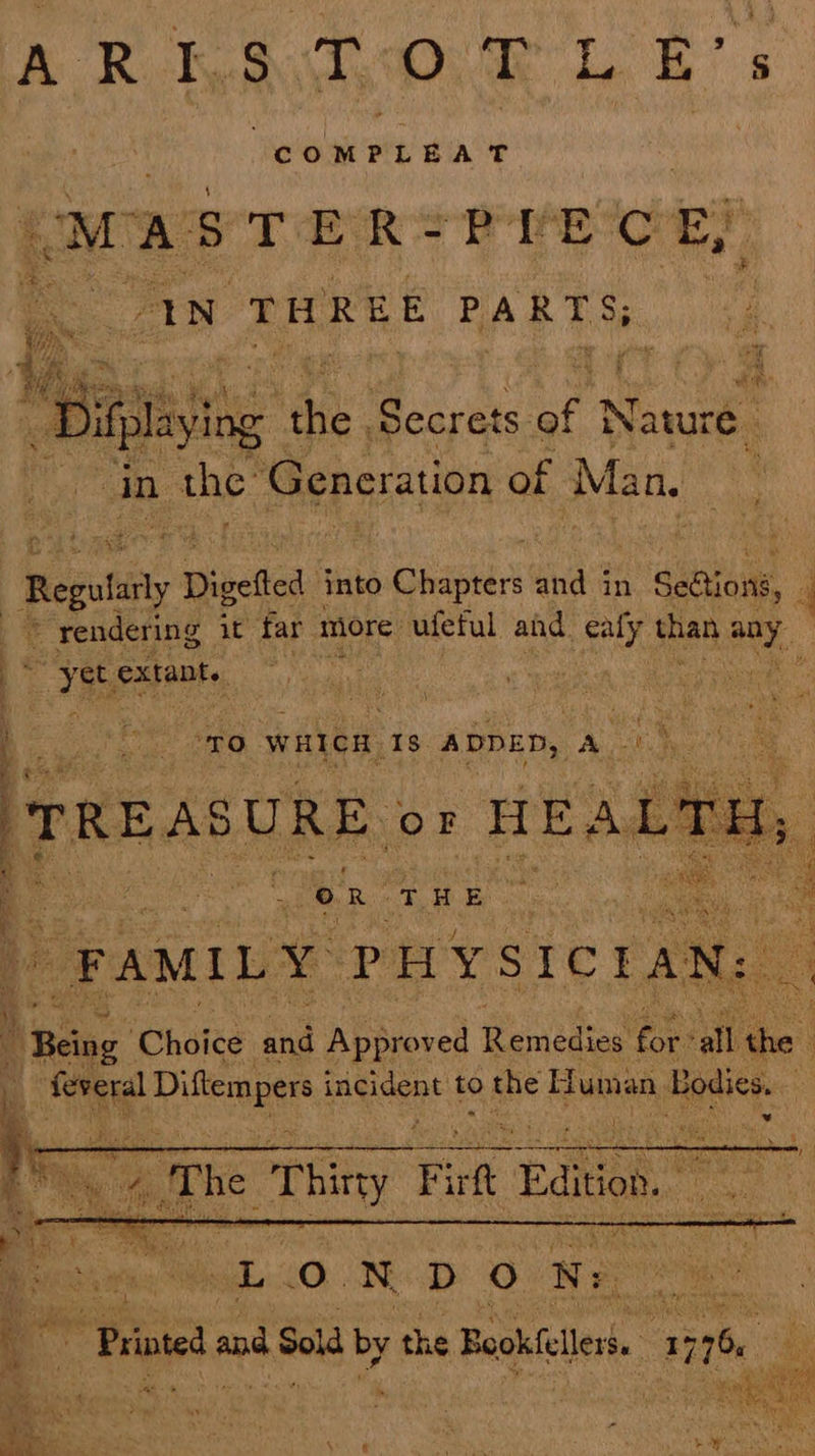 AR Ra LB’ | Maiyah gia | | MASTER: PLE CE) “IN THREE PARTS; ae bite ae Secrets of Narre ‘in the Generation of Man, | “Regulsy Divetted into chapter and in 1 Sabon, . ee rendering is far more ufeful and. caly, ra ac ans extant i fear eee WHICH 13 ADDED, hoe : &. TREASURE OF HEA, he | ‘g a) : a OR PB ee Bee uk Ss: hy FAMILY ‘PHYSICIAN: ee “Being Choice and Approved Demian iors all the | . bey a sa to the * Huma, Bodies. : wa Se “LOX DON: