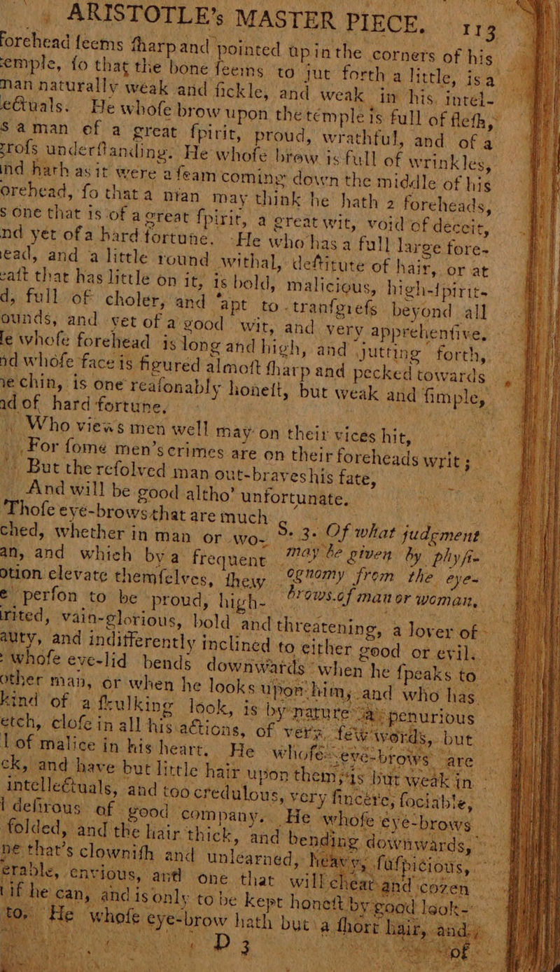 forehead feems tharpand pointed upinthe corners of his. emple, fo that the bone feeins to jut forth a little, isay) man naturally weak and fickle, and weak in his, intel. e€iuals. He whofe brow upon the temple is full of fleth, Saman ef a great fpirit, proud, wrathful, and of a srofs underflanding. He whofe hiew is full of wrinkles, ind hath asit were afeam coming down the middle of his S Orehead, fo thata nian may think he hath 2 foreheads, $ One that is ‘of a great fp irit, a great wit, void of deceit, nd yet ofa hard fortune. -He who has a full large fore- ead, and a little round withal, deftitute of hair, or at vat that has little on it, 18 bold, malicious, high-{pirit. d, full of choler, and ‘apt to tranfgiefs beyond all ounds, and vet of a vood . wit, and very apprehentive, le whofe forehead jis long and high, and jutting forth, nd whofe face is frured almott fharp and pecked towards. lechin, is one reafonably honelt, but weak and fimple, ad. of hard fortune, RR ie ae \ Who views men well may on their vices hit, Be For fome men’s crimes are on their foreheads writ; * But the refolved man out- : a _And will be good altho’ unfortunate. abe ONS Thofe eyé-browsthat are much ched, whether in man or wo- ) si ond wich ae frequent ‘ognomy from the eyen - otion elevate themfelves, the irae dV iin bein ¢ perfon to be proud, high. 7? 4s All eh ited, vain-glorious, bol auty, and indifferently whofe eve-lid bends other man, or when he looks U kind of afkulking ] fk 3 look, is by-yarur etch, clofe in all his actions, of very, lof malice in his heart. He whofe ck, and have but little hair upon the intelleétuals, and toocred ulous, ver idehrous af. good company... folded, and the hiair-‘thick, and bendin ne that’s clownith and unlearned, Ne erable, envious, antl one that will cata Lif he can, and is only to be kept honett by ex “He whole eye-brow hath but a thort Me Llook- a ete ava ae