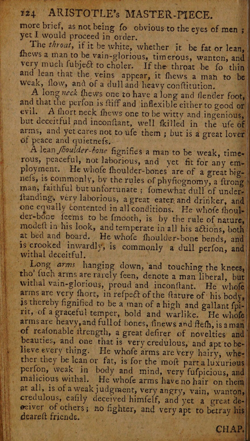 MASTER-PIECE. ; g fo obvious to the eyes of men ; | yet I would proceed in order. | Sea \ 5 The throat, if it be white, whether it be fat or lea : eine pes Ale eins appear, it fhews a mah to oe el but deceitful and inconftant, well killed in the ufe oF | arms, and yet cares not toufe them; but is a great lover | ous, peaceful, not laborious, and yet fit for any em ployment. He whofe fhoulder-bones are of a great big=| the rules of phyfiognomy, a ftrong | man, faithful but unfortunate ; fomewhat dull of under _ ftanding, very laborious, a great eater, and drinker, and one equally contented in all conditions. He whofe fhoule| _ der-bone feems to be fmooth, is by the rule of nature, |) modeit in his look, and temperate in all his actions, both | | at bed and board... He whofe fhoulder-bone bends, ani | : 4s crooked inwardly, is commonly a dull perfon, and jithal deceitful. © ieee te an ~~ Long arms hanging down, ‘and touching the knees, tho’ fuch arms are rarely feen, denote a man liberal, but _ withal vain-glorious, proud and inconttant. He whofe, arms are yery fhort, in refpect of the ftature of‘ his body, - asthereby fignified to be a man of a high and gallant fj | rit, of a graceful temper, bold and warlike. He whofe | atms are heavy, and fullof bones, finews and ftefh, is aman of reafonable itrength, a great defirer of novelties: and | ‘beauties, and one that is very credulous, and apt’to bee) lieve every thing. He whofe arms are very hairy, whee! ther they be lean or fat, is for the moft parta luxurious! _ perfon, weak in body and mind, very fufpicious, and) . malicious withal. He whofe arms haveno hair on them i cvat all, isofa hee tl sca very angry, vain, wanton,| || credulous, eafily deceived himfelf, and yet a great de : a _eeiver of others; no fighter, and very apt to betray iy Meateliiciends.s Shy CRN. oa aa raha Pa) ” ?