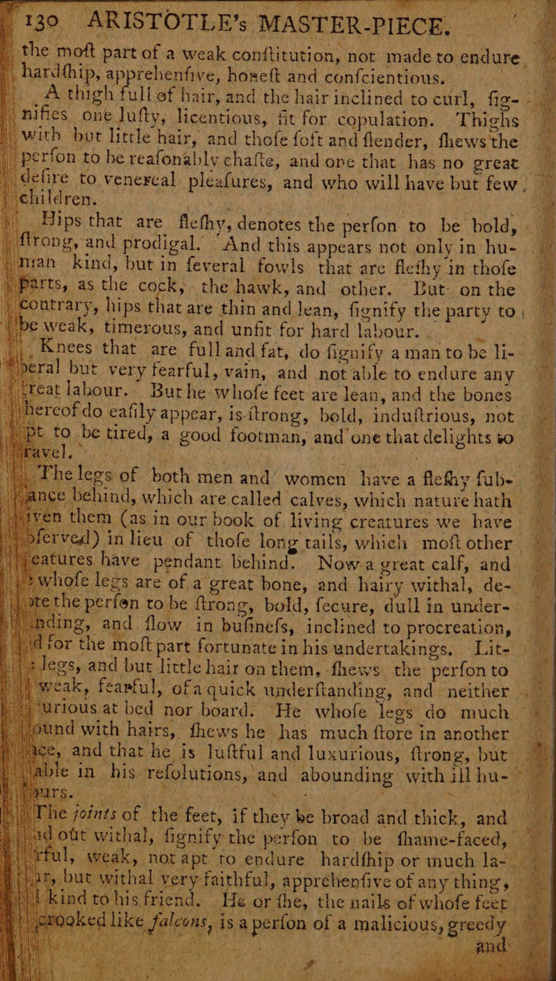 BON ee Vee ni er ge lent DL SEA SECA ESS tS cl A “eile ae 130 ARISTOTLE’s MASTER-PIECE, | the moft part of a weak conftitution, not made to endure hardthip, apprehenfive, hoseft and confcientious. (aa A thigh full of hair, and the hair inclined to curl, fig- _nifies one Jufty, licentious, fit for copulation. Thighs — ) with but little hair, and thofe foft and flender, fhews'the _ perfon to be reafonably chafte, and one that has no great defire to venereal pleafures, and who willhave but few. ehildren. ae F i nce behind, which are called calves, which nature hath _ S them (as in our book of living creatures we have » | veal) in lieu of thofe long tails, which moft other ures have pendant behind. Nowa great calf, and ofe legs are of a great bone, and hairy withal, de- 1e perfen to be ftrong, bold, fecure, dull in under- ¥ ding, and flow in bufinefs, inclined to procreation, ‘or the moft part fortunate in his undertakings. Lite egs, and but little hair on them, fhews the perfon to hweak, fearful, ofa quick widerftanding, and neither ous at bed nor board. He whofe legs do much || d with hairs, fhews he has much ftore in another _ ce, and that he is luftful and luxurious, flrong, but * ible in his refolutions, and abounding with ill hu-~ Mere SA a tehje 3 ~ ‘ joints of the feet, if they be broad and thick, and fit withal, fignify the perfon to be fhame-faced, ful, weak, not apt to endure hardfhip or much la-_ 1. He or the, the nails of whofe feer | 5, isa perfon of a malicious, greedy 9 | Be ¢?
