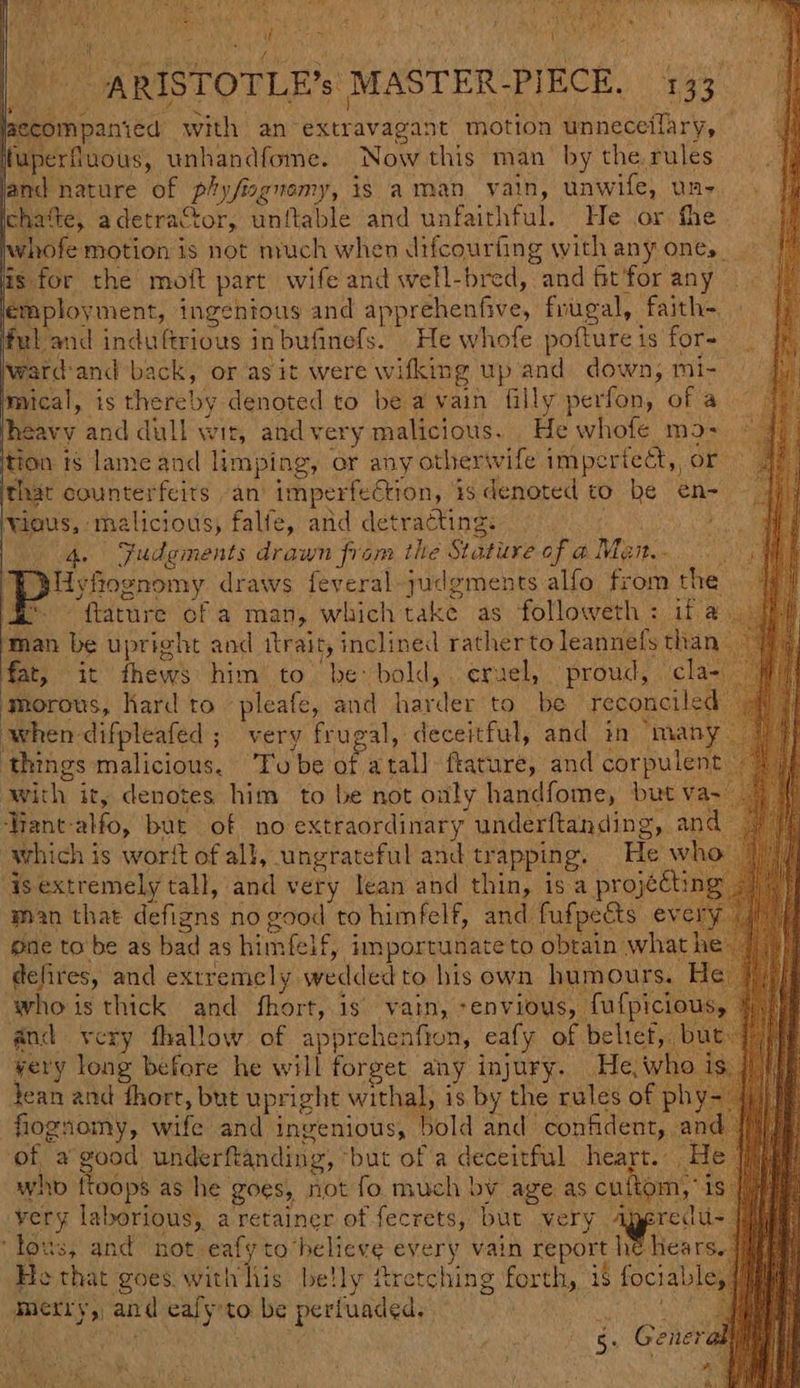 ib. cay Shh ae | ARISTOTLE’s MASTER-PIECE. 133 aecompanied with an extravagant motion unneceilary, — fuperfuous, unhandfome. Now this man by the.rules and nature of phyfignomy, is aman vain, unwife, un- chatte, adetractor, unftable and unfaithful. He or the whofe motion is not much when difcourting withany ones __ is for the moft part wife and well-bred, and fit'for any - employment, ingenious and apprehenfive, frugal, faith- ful and induftrious in bufinefs. He whofe pofture ts for- ward-and’back, or asit were wifking up and down, mi- mical, is thereby denoted to be a vain filly perfon, of a — heavy and dull wit, and very malicious. He whofe mo- tion is lame and limping, or any otherwife imperfect, or — that counterfeits an imperfection, is denoted to be en- vious, malicious, falfe, and detracting: : 4. Judgments drawn from the Stature of a Men... Uyfiognomy draws feveral judgments alfo from the GZ ftature of a man, which take as followeth: ifa.. man be upright and itrait, inclined ratherto leannefs than fat, it thews him to “be bold, cruel, proud, cla- morous, Kard to pleafe, and harder to be reconciled when difpleafed ; very frugal, deceitful, and in “many things malicious. Tobe of atal] ftature, and corpulent. with it, denotes him to be not only handfome, but va~ ‘Viant-alfo, but of no extraordinary underftanding, and which is worft of all, ungrateful and trapping. He who ‘isextremely tall, and very lean and thin, is a projééting man that defigns no good to himfelf, and fufpeéts every pne to be as bad as himfelf, importunateto obtain what he: delires, and extremely wedded to his own humours. who is thick and fhort, is vain, -envious, fufpiciou and very fhallow of apprehenfion, eafy of beltef,. b yery long before he will forget any injury. He, who is, tean and fhort, but upright withal, is by the rules of phy flognomy, wife and ingenious, bold and confident, . of a good underftanding, ‘but of a deceitful heart. . who ftoops as he goes, not fo much bv age as cuftom, very laborious, a retainer of fecrets, but very igeredu- ‘tous, and not eafy to“helieve every vain report he hears. He that goes. ih ts belly Rretching forth, is fociable, merry, and eafyto be perfuaded. 3. Gener ol ya , ' am