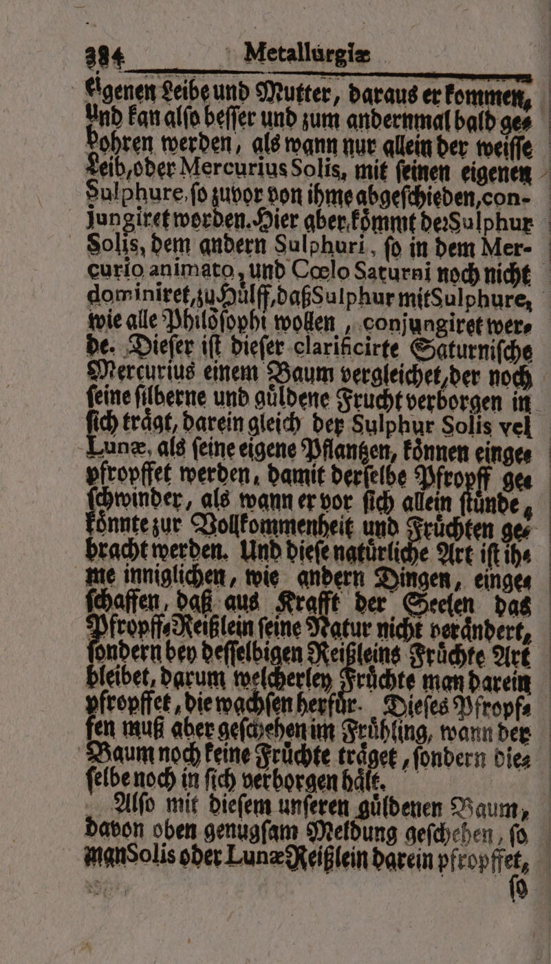 Eigenen Leibe und Mutter, daraus er kommen, Und kan alſo beſſer und zum andernmal bald ge? bohren werden, als wann nur allein der toeiffe eib, oder Mercurius Solis, mit feinen eigenen dulphure ſo zuvor von ihme abgeſchieden, con⸗ jungiret worden. Hier aber koͤmmt deꝛsulphur Solis, dem andern Sulphuri, fü in dem Mer- eurio animato; und Cœlo Saturni noch nicht dominiret, zu Huͤlff daßsulphur mitSulphure, wie alle Philgſophi wollen, gonjuagiret wer⸗ de. Dieſer iſt dieſer clarißcirte Saturniſche Mercurius einem Baum vergleichet, der noch feine filberne und guͤldene Frucht verborgen in ich trägt, darein gleich der Sulphur Solis vel Lunæ als feine eigene Pflantzen, koͤnnen einge pfropffet werden, damit derſelbe ae h ges ſchwinder, als wann er vor ſich allein ftunde, unte zur Vollkommenheit und Früchten ger bracht werden. Und dieſe natuͤrliche Art iſt i⸗ me inniglichen, wie andern Dingen, eingen ſchaffen, daß aus Krafft der Seelen das Pfropff⸗ Reiß lein feine Natur nicht verandert, ondern bey deſſelbigen Reißleins Früchte Ark bleibet, darum welcherley Früchte man darein pfropffet, die wachſen herfuͤr. Dieſes Pfropf⸗ fen muß aber geſchehen im Frühling, wann der Baum noch keine Fruͤchte Fal „fonbern dies ſelbe noch in fich verborgen häle. Be Alſo mit dieſem unferen guͤldenen Daum, davon oben genugfam Meldung geſcheben ſo mansolis oder Lunæ Reiß lein darein ae 25 9