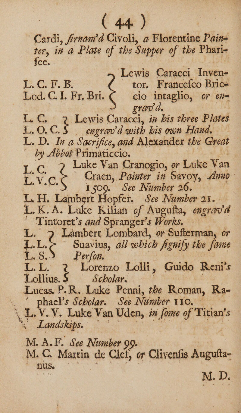 Cardi, frnam'd Civoli, a Florentine Pain- ne in a Plate of the Supper of the Phari= _ bet ory ba Lewis Caracci. Inven- CT. B. tor. Francefco Brice od. C.I. Fr. Bri. ( cio intaglio, or et grad. C. Lewis Caracci, in bis three Plotes .O.C.$ — engrav'd with his own Hand, — . D. In a Sacrifice, and Alexander the Great by Abbot Primaticcio. _ , C Luke Van Cranogio, or Luke Van vec Caen, Painter in Savoy, Amo o E 509. See Number 26. | . Hi. ee kes opfer. See Number 21. L K.A. Luke Kilian of Augufta, engrav'd Tintoret’s and Spranger’s Works. Li Lambert Lombard, or Sufterman, or L. Lt ~ Suavius, dll which fignify the fame “5 ss Perfon. 3 Lorenzo Lolli , Guido Reni’ Ss Lollias . Scholar. Lucas. P.R. Luke Penni, the Roman, Ra- . © phael’s Scholar. See Number 110. — - vi L.V.V. Luke Van Uden, ir Some of Titian s Lanaskips. È M A.F. See Number 99. M. €. Martin de Clef, or Clivenfis Augufta- nus. M. D.