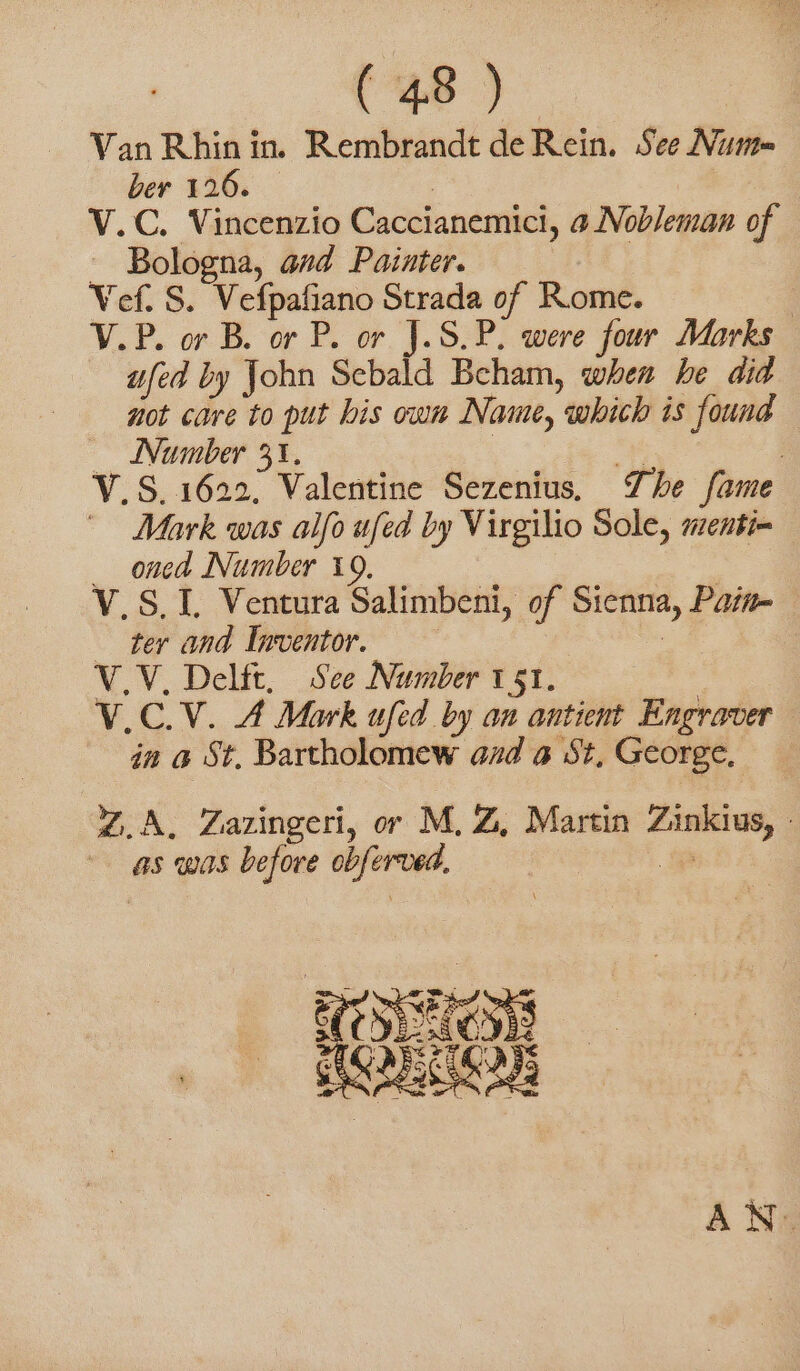 Van Rhin in. Rembrandt de Rein. See Num= ber 126. | V.C. Vincenzio Caccianemici, a Nobleman of Bologna, and Painters _ Vef. S. Vefpafiano Strada of Rome. | V.P. or B. or P. or J.S.P. were four Marks ufed by John Sebald Bcham, when he did not care to put his own Name, which is found — Nunber 31. | ty : V.S. 1622. Valentine Sezenius, The fame Mark was alfo ufed by Virgilio Sole, menti- — oned Number 19. V.S,I. Ventura Salimbeni, of Sienna, Pas. ter and Inventor. . V.V. Delft. See Number 151. V.C.V. A Mark ufed by an antient Engraver in a St. Bartholomew azd a St, George, Z.A. Zazingeri, or M, Z, Martin Zinkius, - as was before obferved, . C5 OO = «© CO AN.