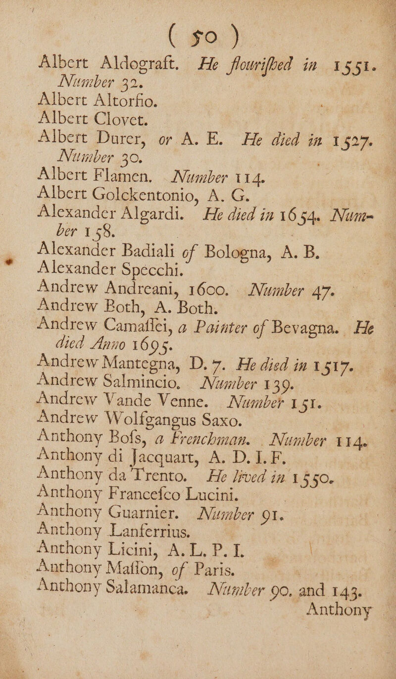 ( so ) Albert Aldograft. He fourifbed in 1551. Number 32. Albert Altorfio. | Albert Clovet. | Albert Durer, or A. E. He died in 1527. Number 30. gait Albert Flamen. Number 1 14. Albert Golckentonio, A. G. ‘Lee Alexander Algardi. He died in 1654. Num ber 1.58. | iG | Alexander Badiali of Bologna, A. B.. Alexander Specchi. Andrew Andreani, 1600. Number 47. Andrew Both, A. Both. I Andrew Camaffci, a Painter of Bevagna. He died Anno 1695. | | Andrew Mantegna, D. 7. He died in 1 SJ i Andrew Salmincio, amber 1 30: LR Andrew Vande Venne. Number 1 SI. Andrew Wolfgangus Saxo. i i Anthony Bofs, a Frenchman. . Number 114 Anthony di Jacquart, A. DLF. Anthony da Trento. He lived in 1 550. Anthony Francefco Lucini. Anthony Guarnier. Number 91. Anthony Lanferrius. | Anthony Licini, A.L. P.I. EA Anthony Mation, of Paris. i. Anthony Salamanca. Number 90, and 143. n Anthony