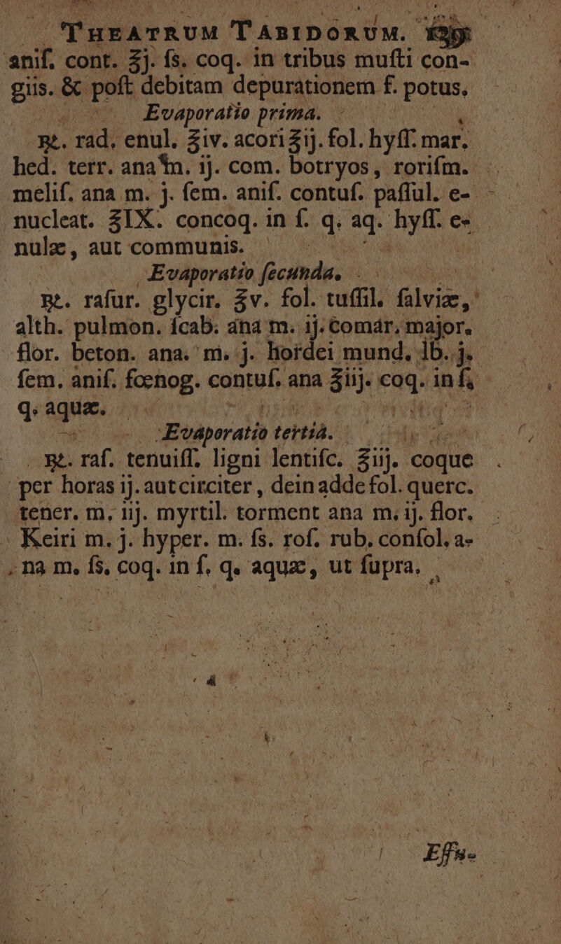 JH NIB, S giis. & poft debitam depurationem f. potus, eos Evaporatio prima. —-. 0 0, t. rad, enul. Ziv. acori£ij. fol. hyff. mar. hed. terr. ana*tn. ij. com. botryos, rorifm. nulz, aut communis. — Evaporatio fecunda, alth. pulmon. ícab. dna m. ij. Comár, major. flor. beton. ana. m. j. hordei mund. 1b. j. fem. anif. foenog. contuf. ana iij. coq. in f, q.aqua. uL pss ke o tpvdtid' oi oov. MEVporatio tertia... 0d uos . &&. raf. tenuiff. ligni lentifc. 31j. coque | per horas ij. autcirciter , dein adde fol. querc. tener. m, iij. myrtil. torment ana m. 1j. flor. | Keiri m. j. hyper. m. fs. rof. rub. conífol. a- . n3 m. fs, coq. 1n f. q. aquzc, ut fupra. . l Efe -