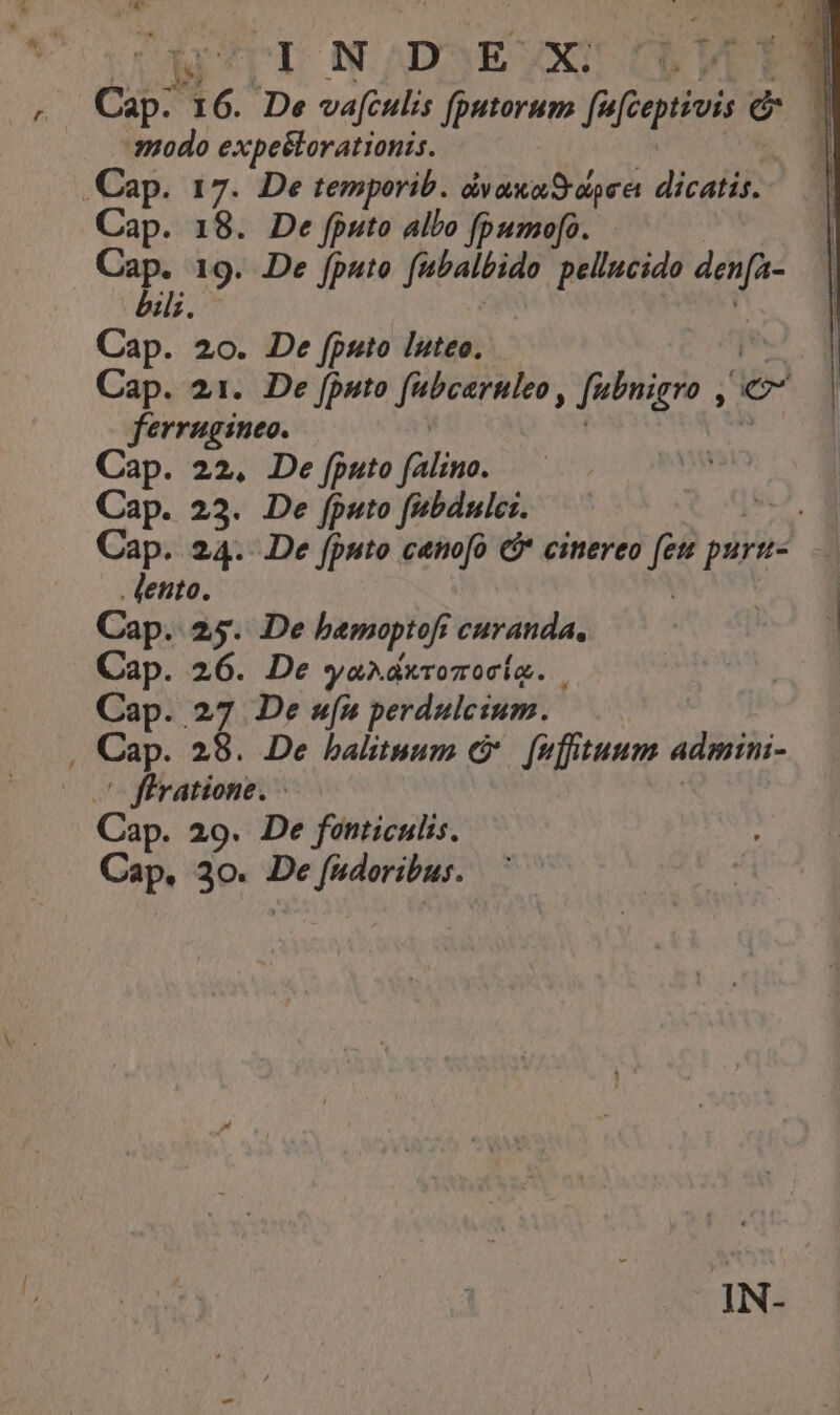 z JU 220771 m ^N CDON /D3SEJYXi m Cap: 16. De vafculis fputorum fufieptivis e | -:3nodo expe&orationis. Cap. 18. De fputo albo fpumo[o. ms 19. De [puto fubalbido pellucido MA bili. Cap. 20. De [puto luteo. Cap. 21. De [puto e deor dat [ubnigro , € ferrugineo. Cap. 22. De fputo falino. Cap. 23. De fputo fabdule:. Cap. 24. De fputo ceno[fo C cinereo fes purt- . lento. Cap. 25. De bemoptofr ; curanda, | Cap. 26. De yaxdxrozocia. . Cap. 27 De wu perdulcium. | ffratione. - Cap. 29. De fonticulis. Cap. 30. De ier ie