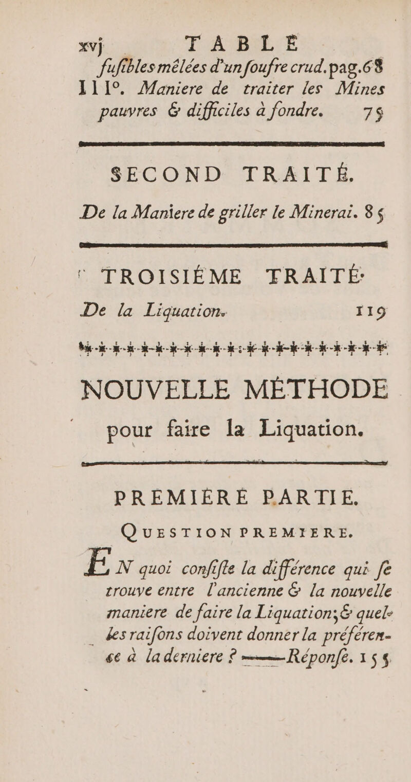 wi TABLE | fufibles mêlées d'un foufre crud.pag.68 111°. Maniere de traiter les Mines pauvres & difficiles à fondre. 75 SECOND TRAITE. De la Maniere de griller le Minerai. 8 © TROISIEME TRAITE: De la Liquation. 119 NOUVELLE MÉTHODE pour faire la Liquation. PREMIERE PARTIE. QUESTION PREMIERE. E N quoi confifte la difference qui Je crouve entre l'ancienne & la nouvelle maniere de faire la Liquation;& quel- des raifons doivent donner la preferen- se à la derniere ? = Reponfe. 155$