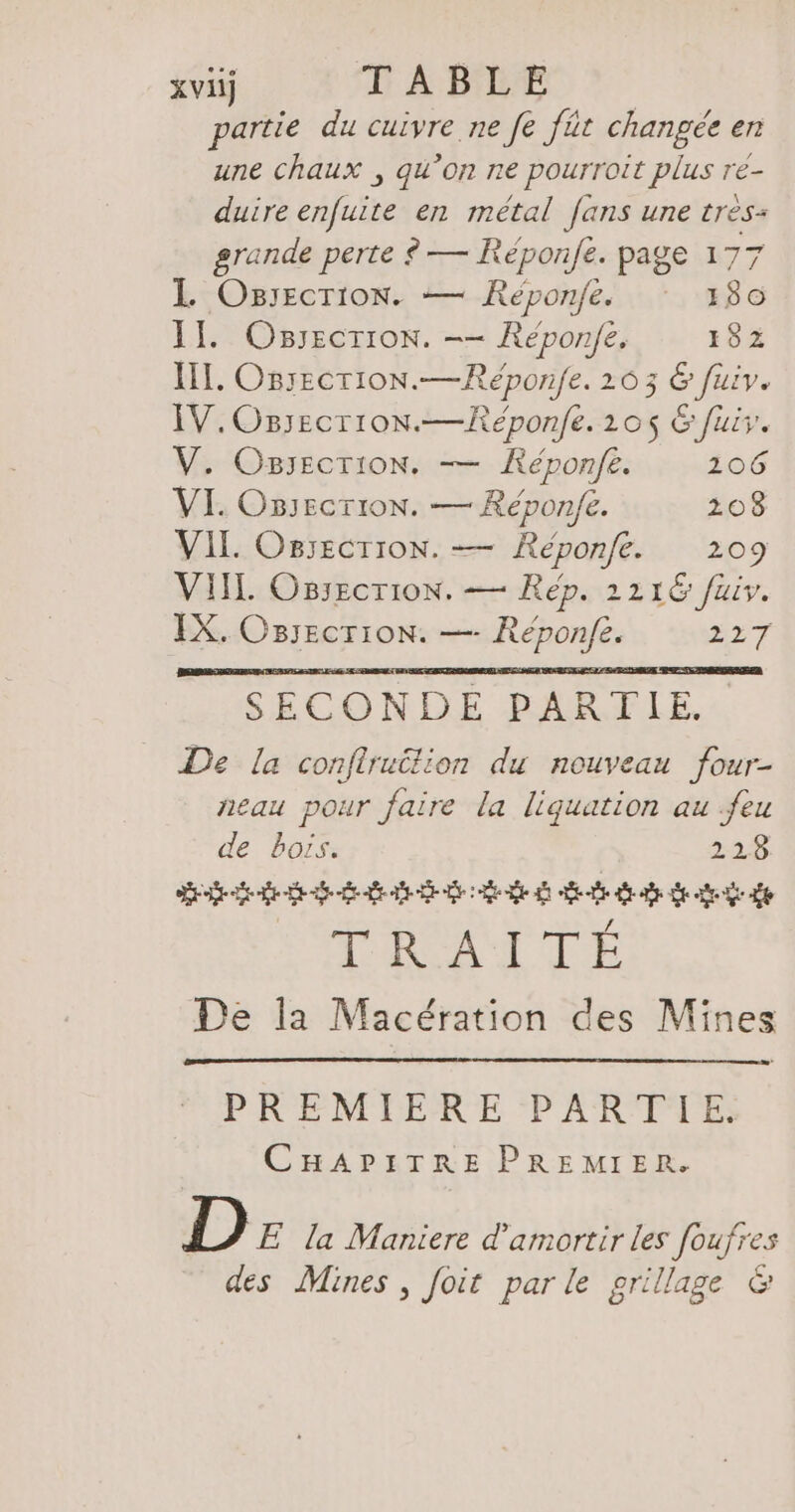 xvij TABLE partie du cuivre ne fe füt changée en une chaux , qu'on ne pourroit plus re- duire enfuite en metal Jans une très: grande perte ? — Reponfe. page i77 L Ossection. — Reponfe. 180 Il. Ossecrıon. —— Reponfe. 182 Ill. Ozsection. —Reponfe. 263 & fuiv. IV. Ozsecrıon.— Reponfe. 205 & fuir. V. Osjection. — Reponfe. 206 VI. Osıscrion. — Reponfe. 208 VIT Ossecrion. — Reponfe. 209 VII Ossecrion. — Rep. 221& faiv. EX. Ossectıon. — Reponfe. 577 SECONDE PARTIE. De la conftruttion du nouveau four- neau pour faire la liquation au feu de bois. 228 EEE ee EEE ee de dt V4 TRAITÉE De la Macération des Mines PREMEERE PARTIE CHAPITRE PREMIER. D E la Maniere d’amortir les foufres des Mines , foit par le grillage &