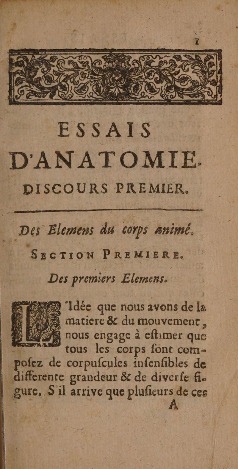 Des Elemens dn corps animé. SECTION PREMIERE. Des premiers Elemens. a) Idée que nous avons de la SHC matiere &amp; du mouvement, AÿZN nous engage à eftimer que … tous les corps font com- pofez de corpufcules infenfibles de differente grandeur &amp; de diverfe f- gure, S il arrive que ne de ces