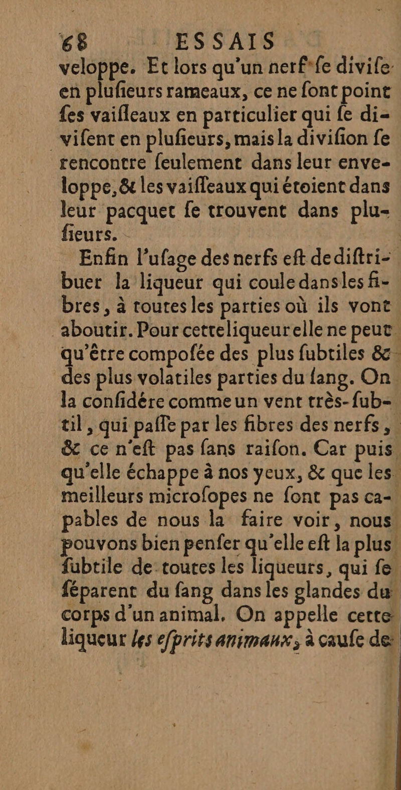 veloppe. Et lors qu'un nerf*fe divife: en plufeurs rameaux, ce ne font point fes vaifleaux en particulier qui fe di- _vifent en plufieurs, maisla divifion fe rencontre feulement dans leur enve- loppe, &amp; les vaifleaux qui étoient dans leur pacquet fe trouvent dans plu-. fieurs. - | | Enfin l’ufage des nerfs eft dediftri- buer la liqueur qui coule dansles fi- bres, à toutes les parties où ils vont aboutir. Pour cetreliqueurelle ne peut. qu'être compofée des plus fubtiles 8c. des plus volatiles parties du fang. On. la confidére commeun vent très-fub- til, qui paffe par les fibres des nerfs, . &amp; ce n'eft pas fans raifon. Car puis. qu'elle échappe à nos yeux, &amp; que les. meilleurs microfopes ne font pas ca- pables de nous la faire voir, nous pouvons bien penfer qu'elle eft la plus: fubtile de:toures les liqueurs, qui fe féparent du fang dans les glandes du corps d'un animal. On appelle cette _ liqueur 4s efprits animaux, à caufe de