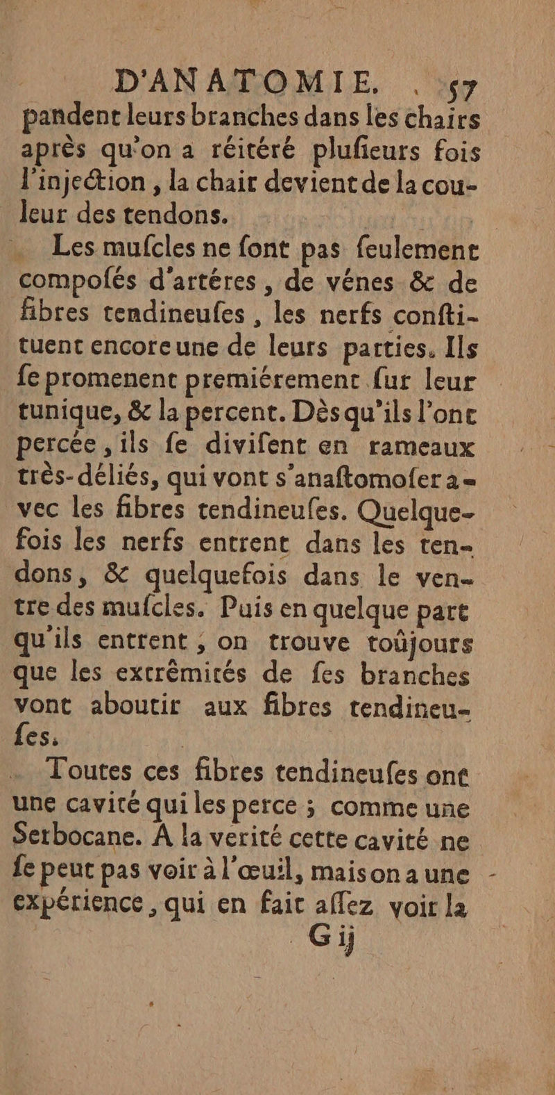 pandent leurs branches dans les chairs après qu'on a réitéré plufieurs fois l'injection , la chair devient de la cou- leur des tendons. sit tin . Les mufcles ne font pas feulemenc compofés d'artéres , de vénes &amp; de fibres tendineufes , les nerfs confti- tuent encoreune de leurs parties. Ils fe promenent premiérement {ur leur tunique, &amp; la percent. Dès qu’ils l’onc percée , ils fe divifent en rameaux très-déliés, qui vont s’anaftomofer 2= vec les fibres tendineufes. Quelque- fois les nerfs entrent dans les ren. dons, &amp; quelquefois dans le ven tre des mufcles. Puis en quelque part qu'ils entrent ; on trouve toûjours que les extrèmités de fes branches vont aboutir aux fibres tendineu- fes. Toutes ces fibres tendineufes ont une cavité qui les perce ; comme une Serbocane. À la verité cette cavité ne fe peut pas voir à l'œuil, maison a une expérience, qui en fait affez voir la