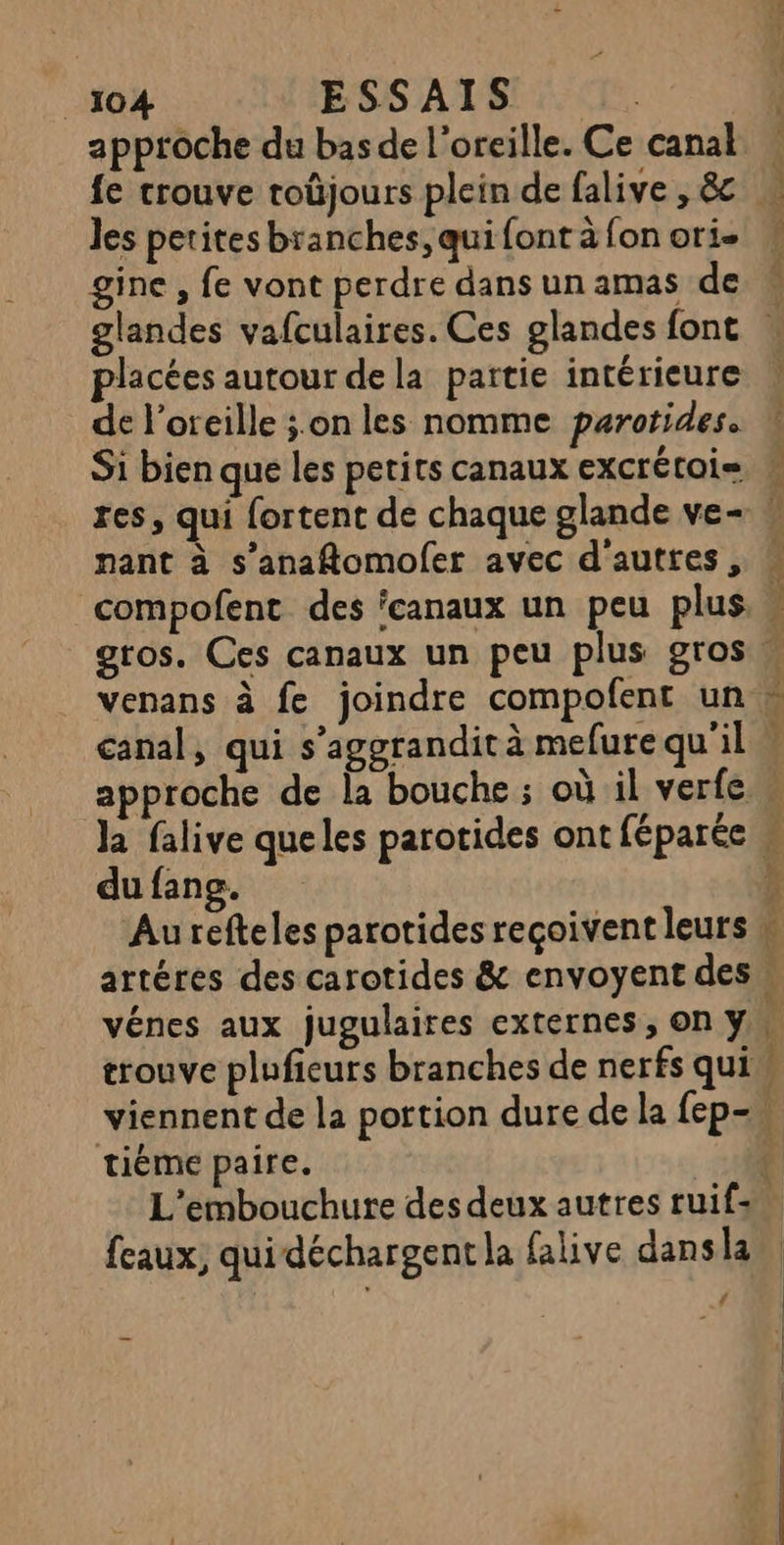 _104 ESSAIS approche du bas de l'oreille. Ce canal Jes petites branches, qui font à fon ori- gine , fe vont perdre dans un amas de placées autour de la partie intérieure de oreille ;.on les nomme parotides. Si bien que les petits canaux excrétoi= nant à s’anaftomofer avec d'auttes, approche de la bouche ; où il verfe du fang. vénes aux jugulaires externes, On ÿ tiéme paire. feaux, quidéchargent la falive dansla 2 ASE LR AR _” Aie Li &amp; a |