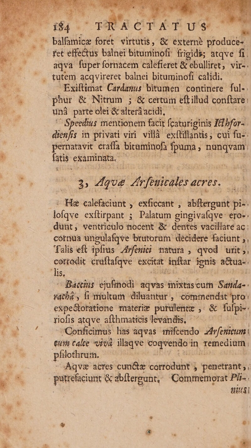 aqva füperfornacem calefieret &amp; ebulliret, vir-. Exiftimat Cardanus bitumen continere ful-. phur &amp; Nitrum ; &amp; certum eft illud conftare: una parte olei &amp; slteid acidi, —OSpeedius mentionem facit f caturiginis Id bfor- | pernatavit craffa bitaminofa fpuma , , Donqvam jud examingta. 3 Ae debiti acres. Ha calefaciunt , exficcant , abftergunt pio cornua ungulafqve brutorum decidere faciunt ;, falis eft ipfius 4fenici wivura , qvod urit;, corrodit cruflafqve excitat inflar ignis a&amp;ua-. — Bactis ejofinodi: idvhs qnixtascutm Sila». vatba', fi multum diluantur ,' commendat pro: expeótoratione materiz purdlentz E &amp; fufpi- riofis atqve afthmaticis levandis, Conficimus lias àqvas miüfcendo Abfenicum, eun calce «viva WMaqve M Hes in remedium Aqvz acres cun&amp;z corrodunt — posetciue &amp; d:bítereunt, Commemorat P/- ius