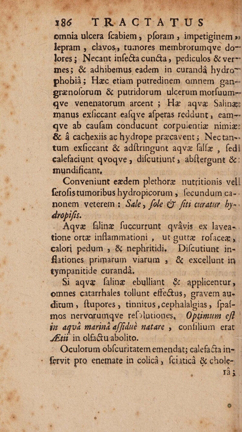 1860 TRACTATUS | omnia ulcera fcabiem , pforam , impetiginem » lepram , clavos, tu;inores membrorumqve do- lores ;: Necant infe&amp;a cuncta, pediculos &amp; ver- mes; &amp; adhibemus eadem in curandá hydro- phobià; Hac etiam putredinem. omnem gan-- grenolorum &amp; putridorum ulcerum morfuum-- qve venenatorum arcent ; Ha aqvz Salina manus exíiccant eaíqve afperas reddunt, eam-- qve ab caufam conducunt corpulentim nimiz: &amp;. à cachexiis ac hydrope przcavent ;. Nectan-- tum exficcant &amp; adílringunt aqvz falfe , fedi calefaciunt qvoqve , difcutiunt abílergunt &amp;: mundificant Conveniunt ezdem plethorz nutritionis vell ferofistumoribus hydropicorum , fecundum ca- . nonem veterem .; Sale, fot: Q' fiti curatur. by- dropifis. Aqva falinz fuccurrunt qvávis. ex lavea- tione ortz inflammationi , utgutte rofacez, calori pedum , &amp; nephritidi, Difcutiunt in- flationes. primarum viarum , &amp; excellunt in tympanitide curandà, $1 aqva faling ebulliant &amp; rddencued omnes catarrhales tollunt effe&amp;us ; gravem au- mos nervorumqve reDlntiones, | Optimum eff p aqua marina affidué natare ,' confilium. erat 4£tii in olfa&amp;uabolito. fervit pro enemate in colicà , [cistic &amp; chole-