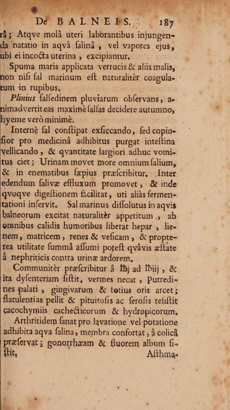 id BWINESBS- Jig r4; Atqve molà uteri laborantibus injungen- - da natatio in aqva faliná , vel vapores ejus, ubi eiinco&amp;ta uterina , excipiantur,. . Spuma maris applicata verrucis &amp; aliis malis, non nifiíal marinum eft naturaliter. coagula- : tum in rupibus, e e j Plinius falíedinem pluviarum obfervans, a» imadvertiteas maxime falías decidere autumno, yeme veró minime. | Interne fal conftipat exficcando, fed copio- fior pro medicinà adhibitus purgat inteítina vellicando , &amp; qvantitate largiori adhuc vomi- tus ciet; Urinam movet more omnium (alium, &amp; in enematibus Íxpius praícribitur, ^ Inter edendum falivz effluxum promovet, &amp; inde qvoqve digeltionem facilitat, uti aliàs fermen- tationi infervit, Salmarinus diffolutus iv aqvis balneorum excitat naturalitér appetitum ., ab emnibus calidis humoribus liberat hepar , lie- nem, matricem ; renes &amp; veficam , &amp; propte- rea utilitate füummá affumi poteft qvávis zítate à nephriticis contra urinz ardorem, .. Communitér. prefcribitur À fbj ad bij, &amp; ita dyfenteriam fiftit, vermes necat , putredi« nes palati , gingivarum &amp; totius oris arcet ; flatulentias pellit &amp; pituitofis ac. ferofis reliftit cacochymiis. cache&amp;icorum. &amp; hydropicorum, . Arthritidem fanat pro lavatione vel potatione adhibita aqva falina, membra confortat , 4 colicá prafervat; gonorrheam &amp; fluorem album fi- Lit, s —.. Afthma-