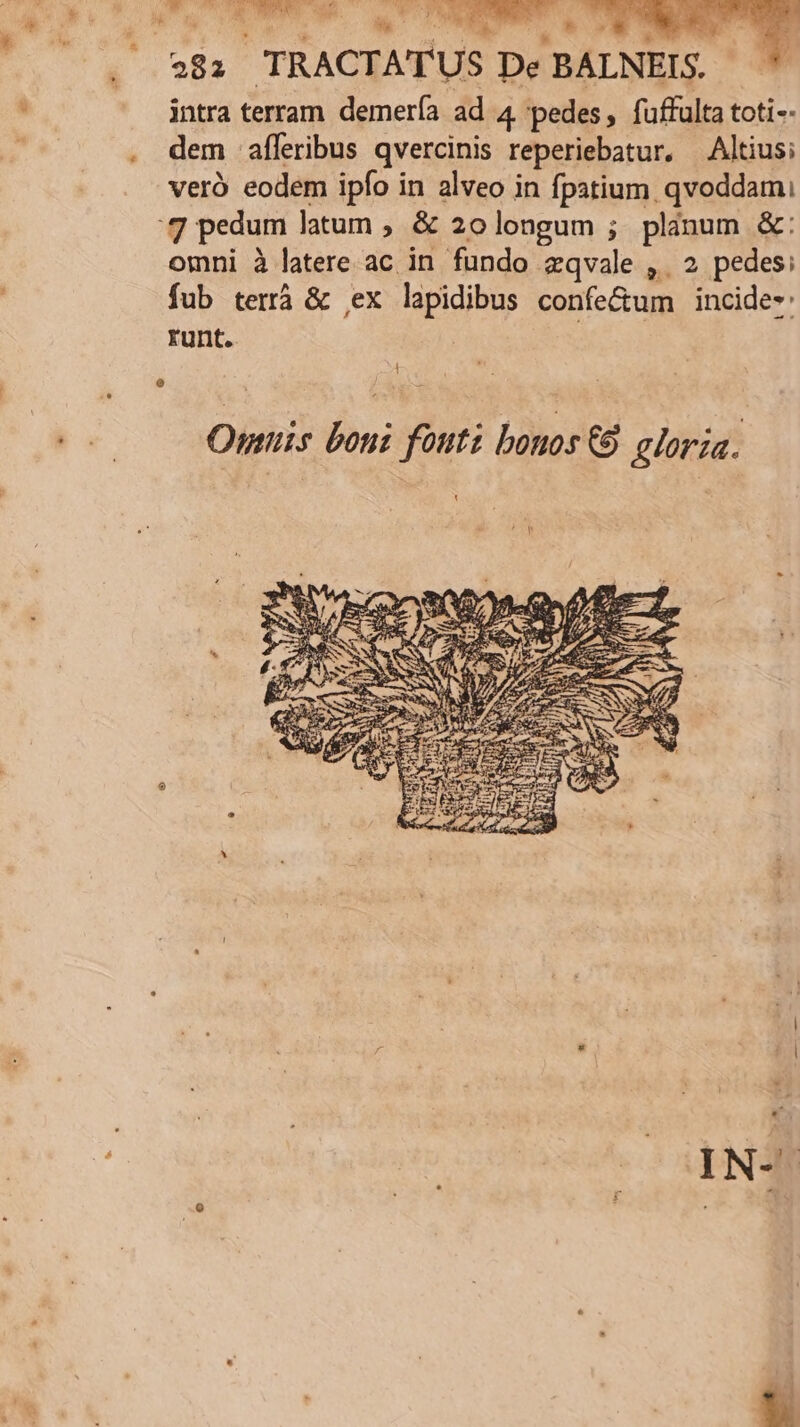  ^ ^g i NL 581 TRACTATUS De | De BALNELS. intra terram demería ad 4 'pedes, fuffulta toti-- dem afferibus qvercinis reperiebatur, Altius; veró eodem ipfo in alveo in fpatium qvoddami :7 pedum latun , &amp; 20longum ; plinum &amp;: omni à latere ac in fundo zqvale ,. 2 pedes: fub terrà &amp; ,ex lapidibus confe&amp;um incide-: runt. L r ;/! Ownis boni fonti bonos C8 gloria.