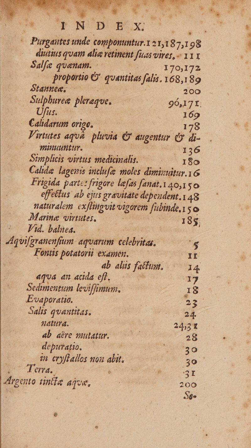 Purgaites uide componuntur. 21,187,198 diutius quam alia vetinent finas vives, « 111 Salfe quaenam. — | 170,172 X proportio O' quantitas falis. 168,189 Stamnee. - ni Mo E 200 Sulphuree plereque. OBI TY: Ufus. | : 169 Calidarum origo, — : 178 — Firtutes aquá. pluvia Cy augentur (y. di- Uo Winuifitip, ^ oes s judi: 1d Simplicis virtus medicinalis. 07* rBo Calide. lageunis inclufe: moles dimizuitur.16 Frigida parte: frigore lefas fanat.Y 40,150 effettus' ab ejus gravitate depeudent.1 48 naturalem. exfHigvit vigorem fubinde.1 5o Marine virtutes, —— - I8 Vid. balnea. — aea | iquifgranenfium. aquarum celebritas, E ... Foniüs potatorü examen. — I E. ab alis falfum, — 14 «qua am acida efl, 1373 Sedimentum leviffimum, 18 Evaporatio. y mE Salis qvantitas. / T E natura. : 24531 ab aére mutatur. : 28 depurato. — ad ur Te zi. eryflailos nou abit. 30 2 Iova. E i E. sf 4rgento tintla age, pta 200 |