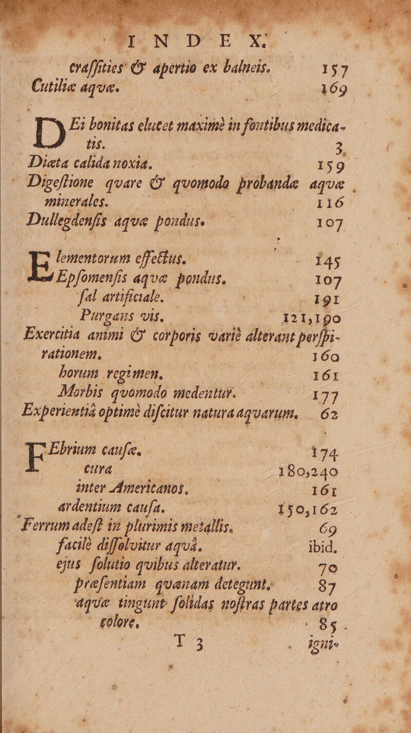 | raf ties ei apertio ex Bale, fry. | Cutilie 4qva. 4 1609 D Ei bonitas dud maxinie in futu ncdita- He | x Dieta calidazoxia. — — 159 - Digefione. quare C jns prise 4qUe . minerales. c opté Dulegdenfis Di aque podus. d ; «197 E effetfus. — Ue fas des Epfomenfis aqva pondus. s S107 fal artificiale. — EC 191 dm Wi. 210,1 Exerttia animi (corporis varie alierant 17s rationem, 44 169 borum vegittten. : IóI Morbis qvomodo eden 77373 Exparint optime difcitur natura Aum 62 po caufe. j lura 77 RS os ..180,240 inter ddmeritamos, — JdÓi | ardentium 112 PM 150,162 Ferrum adef in plurimis metallis, — 69 facil diffalvitur aquá. doc AME ejns. folutio quibus alteratiY. —— — 3o prefentiam jvauam detegunte — .87 Am üngtnt: fiia noféras He afro rolore, . $5.