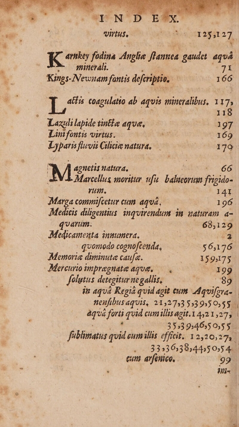 UNO CINMEMEU C A AES nd 1. ND BEXC K^ fodina Anglie fumes gaudet aquá minerali. ; A ; IRURE RUMA fantis defiriptia, Iii 166 - Mi T. coagulatio ab aquis mineralibus. 1I ? é 118 | Lazuli lapide tinta aque, ! 197 Lin fontis virtus. 169 si fiii Gili natura, 170 1] I agnetis natura. | |. 66 Marcellus movitur vfi. balaeorum frigido- num. 141 Mets commifcetur cum aquá, — — 196 Medicis diligentius: inquirendum in. naturam. a- quarum. 68,129 Medicameuta inmumera,—— /3 quomodo cognoftenda, $6,176 Memorie diminute caufa. — s X50375 Mercurio ympregnate aque, — , ^ 199 Jolutus detegituu ne gallis, 89 neufibus aquis, 212753553915 06,55. aqua à forti quid cumillis agit.1 4521,27, kd 3553 9:46,50,55 qum arenioe. ^. 99 Wis |