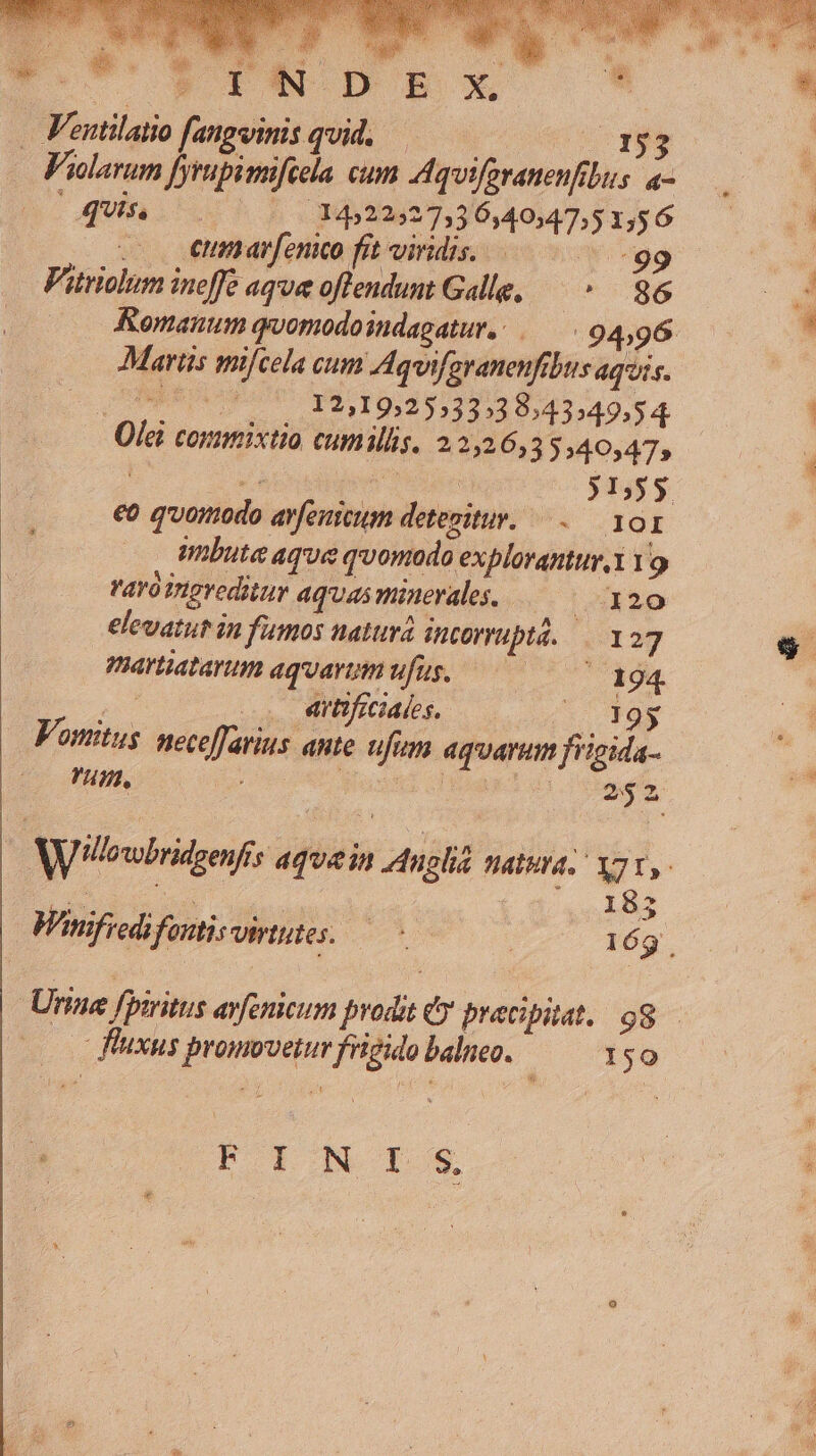 — Fentilatio faugvinis quid. — S ELI. Violarum Jyrupimifcela cum Aqifgvanenfibus. a- 004.00 1422527,36,40:47,5 1,56 . . eunarfenco fit viridis... 99 Vitriolum ineffe aque offendunt Galle, — ^ 96 b Martis mifcela cum Aquifgranenfibus aquis. OUS UU 12925333 843:49,54 Olei commixtio cumillis, 22526, 3:40547; €o quomodo avfeuicum detezitur. —.. 10i imbute aque quomodo explorantur, 9 varo iigveditur aquas minerales... ^ X20 elevatur in fumos natura incOrvupld. | 127 martiatarum aquarumufus. 007 194 m. o eitifiCiates. S1 POS Vonmitus neceffarius ante ufum aquarum frigida- HH. deat E. OH 4o tieu M qe 185 Wimfredifontisvirintes.— 16g. 0o fluxus promovetur frigido balneo. 150  PORUM DS ips