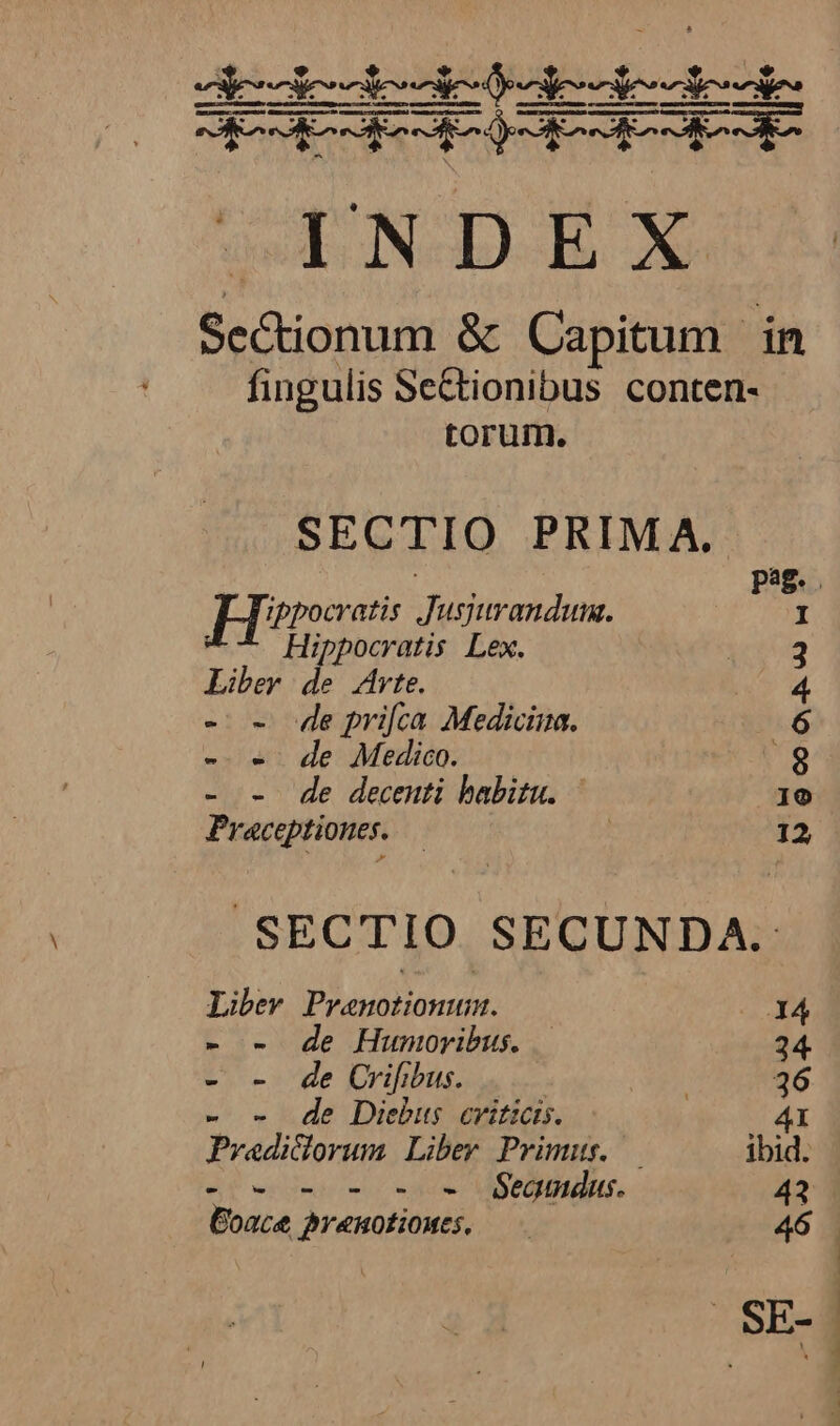 pod Gira STR RU PUCS VD ECNUNPRIIE uU INDEX Sectionum &amp; Capitum dn fingulis Se&amp;ionibus conten- torum. SECTIO PRIMA. ED ?tocatis Juspurandum. ^^ Hippocratis Lex. Liber de 4rte. - - de prifca Medicina. - . de Medico. - - de decenti babitu. | Praceptiones. i9 9 00 OV- 99 Cob ode SECTIO SECUNDA. Libev Pranotionum. l4 - - de Humoribus. — 24 - - de Grifibus. : 36 - - de Diebus criticis. 4I Pradicdlorum Liber Primur. — ibid. --o-- . o. BPegandus. 423