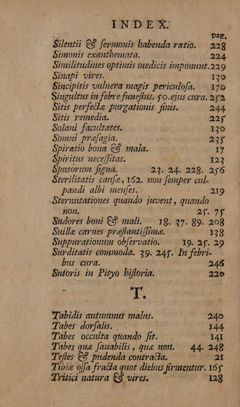 pag, Silentii €. feymonis: babenda ratio. 228 Sunonis exantbemata. 224 Similitudines optimis inedicis imponunt.229 Sinapi vires. | 120 Sincipitis vulneva magis periculofa. —. 170 - Singultus in febre funeflus. yo.ejus cura. 252, Sitis perfehe purgationis. finis. 244 Sitis remedia. 22j Solani facultates. 130 Somni pre[agia. 3 235 Spiratio bona €$ mala. 17 Spiritus nece[fitas. 122 Sputorim. fina. 23. 24. 228. 256 Sterilitatis caufa, Y62. non femper cul- pandi albi menfes. NU / x TO Steruutationes quando quoent, quando 0n. 2j. 79 Sudores boni €$ mali. — 19. 37. 89. 209 Suille cavues preftranti/]yma. 138. Suppurationum ob[ervatio. —. X9. 25. 29 Surditatis commoda. 39. 245. In febri- bus cura. | 246 Sutoris in Pityo bifforia. | 220 j Tabidis outumnus malus. 240 Tubes dor[alis. | — | 144 TTabes occulta quando fit. PETAT Tabes que f[anabilis , que not. — 44. 248 Tefles €&amp; pudenda contrada. — | 21 Tibi ojJa frada quot diebus firimentur. Y6y Tritii natura €9 vire. — 7 - 8 J