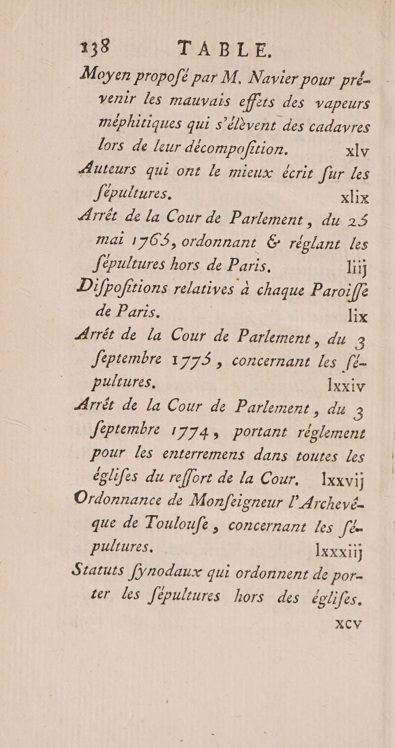 Moyen propofé par M. Navier pour pré- venir les mauvais effèts des vapeurs méphitiques qui s'élèvent des cadavres lors de leur décompofition. xlv Auteurs qui ont le mieux écrit Jur Les fépultures. xx Arrêt de la Cour de Parlement, du 25 mal 1765, ordonnant € réglant Les Jépultures hors de Paris. ln Difpofitions relatives à chaque Paroiffe de Paris. lix Arrêt de la Cour de Parlement, du 5 Jéptembre 1775 , concernant Les fe pultures, Ixxiv Arrét de la Cour de Parlement, du 3 Jéptembre 1774, portant réglement Pour les enterremens dans toutes Les églifes du reffort de la Cour. Ixxvi; Ordonnance de Monfeigneur l Archeyé- que de Touloufe , concernant Les JE pultures. Ixxxii] Sratuts [ÿnodaux qui ordonnent de por- ter des [épultures hors des églifes. XCV