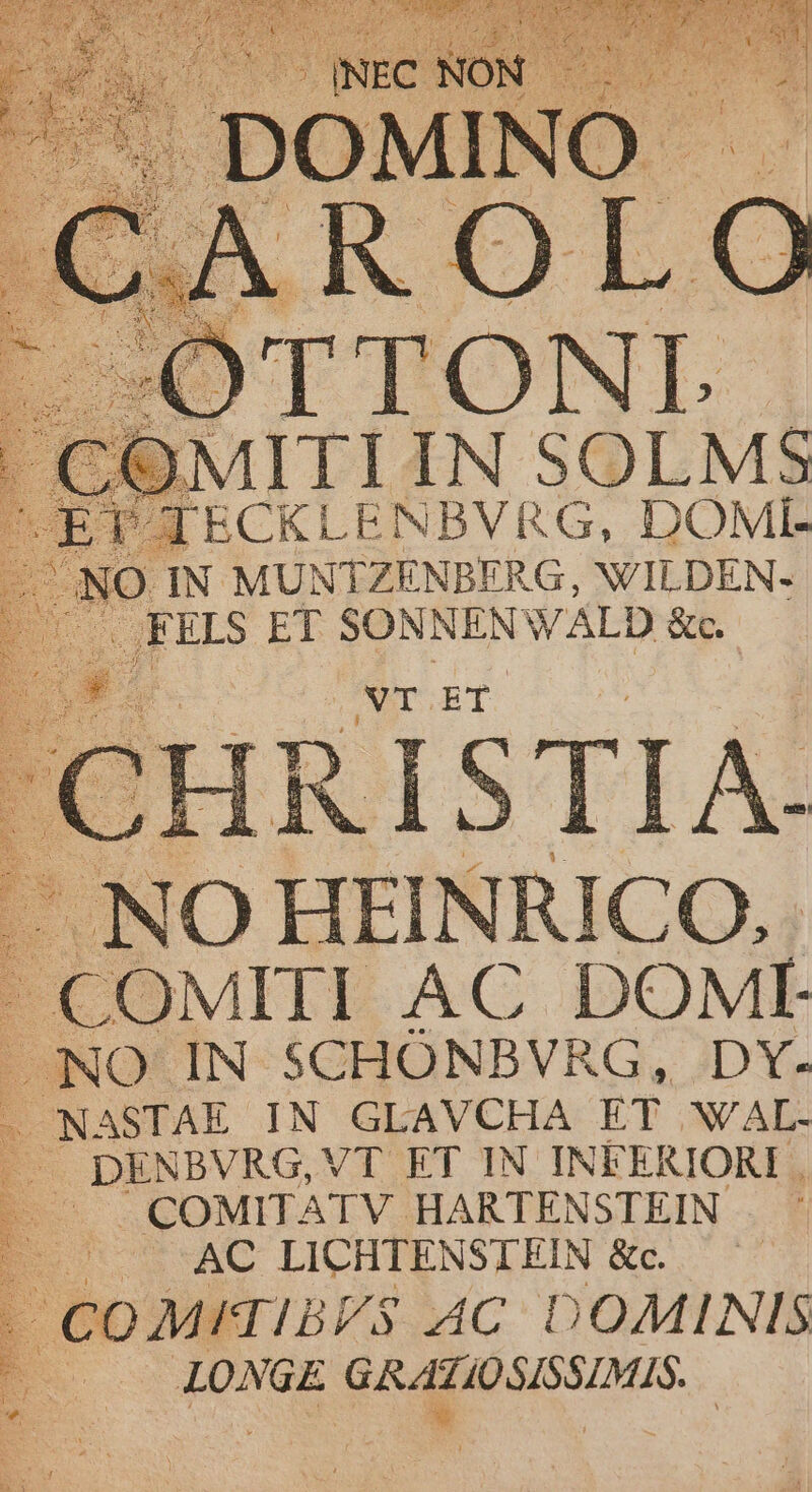 C. MITI IN SOLMS 38 ur E LENBVRG, DOMI- NO IN MUNTZENBERG, WILDEN- ...FELS ET SONNENWALD &amp;c. QVT ET. sd ad cu 5 W E. ; 1] /nd *. x »- n , P. j - [ P NO HEINRICO. . | COMITI AC DOMEÍ UNO IN SCHONBVRG, DY. . NASTAE IN GLAVCHA ET W/AL. -.— DENBVRG,VT ET IN INFERIORI —— .COMITATV HARTENSTEIN «AC LICHTENSTEIN &amp;c. E COMFHTITB $ AC DOMINIS E. ——JONGE GRATIOSISSIMIS.