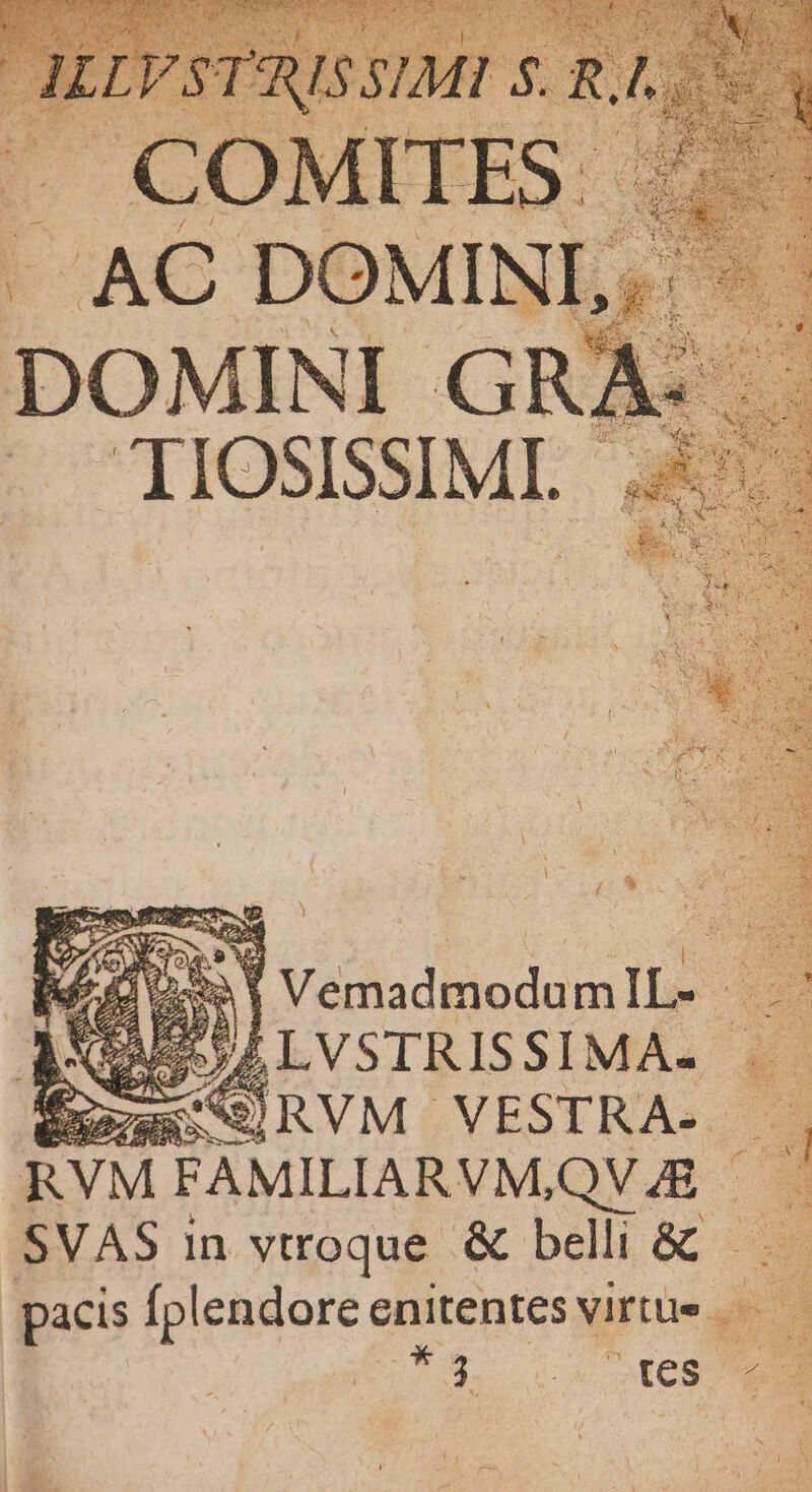 DOMINI : —. TIOSISSIMI. Vemadmodum l^ LLVSTRISSIMA- RVM VESTRA- RVM FAMILIARVM Qe SVAS In vtroque - &amp; belli &amp; — pacis fplendore enitentes Virtue . A PDC E