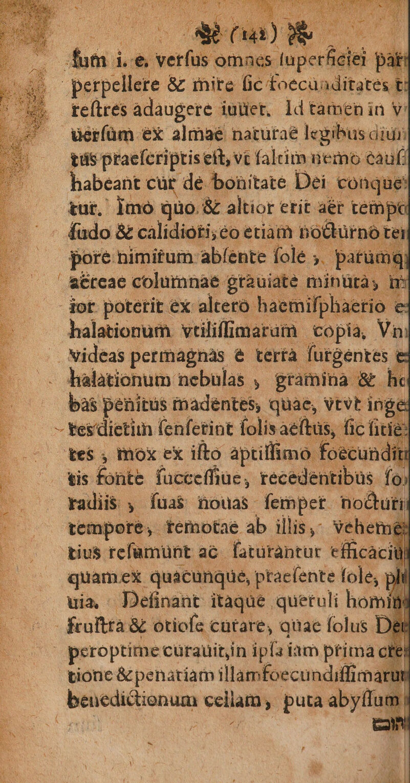 perpellere &amp; mite fic toecuü: aditates. t£ tefires àdaugere imüet, ld tamenin v: uerfüm ex almae naturae legibus didi s praefcriptis eit, vt falcim nemo eauf: abeant cür de bonitate Dei conque: üt. | jmo qüo. &amp; altior etit aet cempo - fado &amp; calidioti;eo etiam no&amp;türno tei pore nimifum: abíente fole ;. » patümq, &amp;Éreae columnae $tauiate minüray ir dor poterit ex altero haemifphaetio e E. . halationum vtiliffi marüm copia, Vn Nideas permagnas e tera furgentes ed - halationum nebulas , gramina. *€ hec E bas penitus imadentes; quae, vtvt inge * 3 - tes dietiim (enfetint folisaeftus, fic ficte: .; ie$ , mox ex ifto aptillimo: foecunditi tis fonte fucceffiue, recedentibus. fo; .. e radiis y fua$ nouas- fempet. no&amp;tuti; ^2 tempore, temotae ab illis, veheme . . tius refamünt ac. fatutantur efficacit || 0 quamex quacunque, praefente fole; p uia Definant itaque queruli homiti frulttà &amp; otiofe cutare, quae folus Del peroptime curauitjn ip(a iam prima cff tionc &amp; ponam hiecotg ndiffim maru