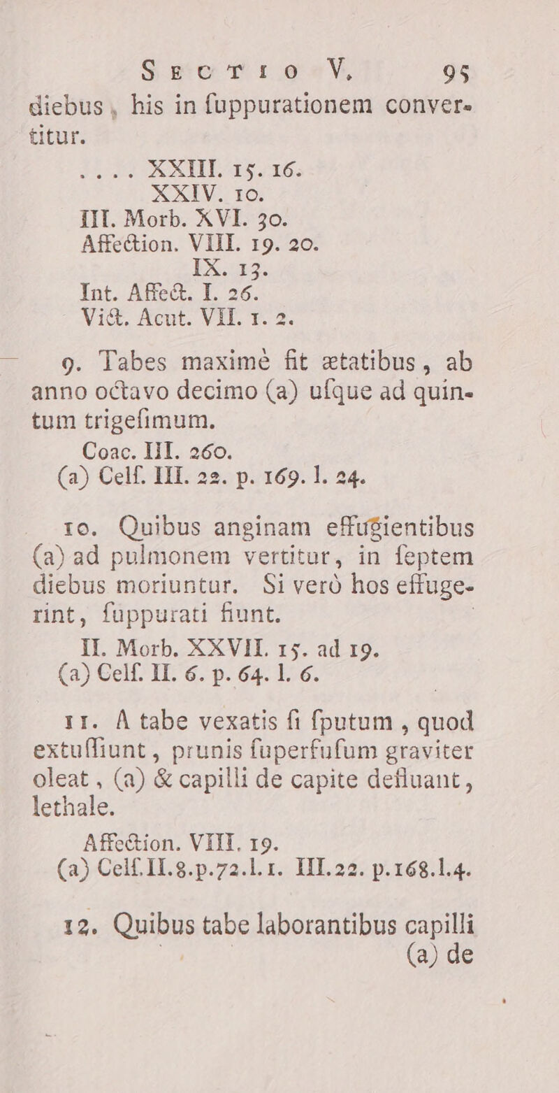 diebus, his in fuppurationem conver. titur. d CHE 15,16. XXIV. ro. III. Morb. XVI. 30. Affection. VIII. 19. 20. IX. 13. Int. Affe&amp;. I. 26. Vict, Acut. VII. 1. 2 9. labes maxime fit etatibus, ab anno octavo decimo (a) ufque ad quin- tum trigefimum. Coac. III. 260. (a) Celf. III. 22. p. 169. l. 24. Quibus anginam effu$ientibus (a) ad pulmonem vertitur, in feptem diebus moriuntur. Si veró hos eftuge- rint, fuppurati fiunt. II. Morb. XXVII. 15. ad r9. (a) Celf. II. 6. p. 64. l. 6. 11. A tabe vexatis fi fputum , quod extufliunt, prunis fuperfufum graviter oleat , (a) € capilli de capite defluant, lethale. Affection. VIII, 19. (a) Celf.11.8.p.72.1.1. III. 22. p.168.1.4. 12. Quibus tabe laborantibus capilli