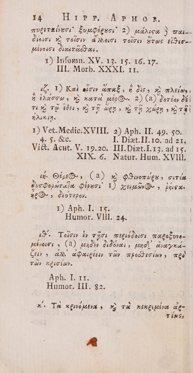 Lé D 4 ” aveirabers EvuQigsos” 2) aura ) est , ^ xp NOTE el zeien AJOS goioeu STOS tiO4g-- Dëser diarias. 1) Infomn. XV. 13. 15. 16.17. HI. Morb. XXXI. 11. Ke 1) Kal sen arab, H h &gt; Deiere: 72 xo To, pip 2) (a) Qor£oy dei N o ~ / TA TQ TM x Th wen (36 TH BE Ze Vet. Medic. XVII. 2) Aph. II. 49. 50. SC: I. Dixt.II.10. ad 21, Vid. LEE V. 19.20. III.Dixt.I.13. ad 15. XIX. e Natur. Hum. XVIII. i. Ot O, Ca) X POworwes &gt; cirio, Surpa &lt;], T I) x SEAN &gt;, Die x O &gt;, DTE: $poy. 1) Aph. I. rs. Humor. Vlll. 24. Dus Toir iv TATL megrodoros magouye- Here) &gt; (a) pudor dido, pen drayrd- Css &gt; € aQeupény TOY mposteriar, area zéit LITIO. Aph. I. rr. Humor. IIl. 92. - / ` , D ` / &gt; x+ Tæ ALIVOMEVA y c v HEXPNUEYA Qe TISS A