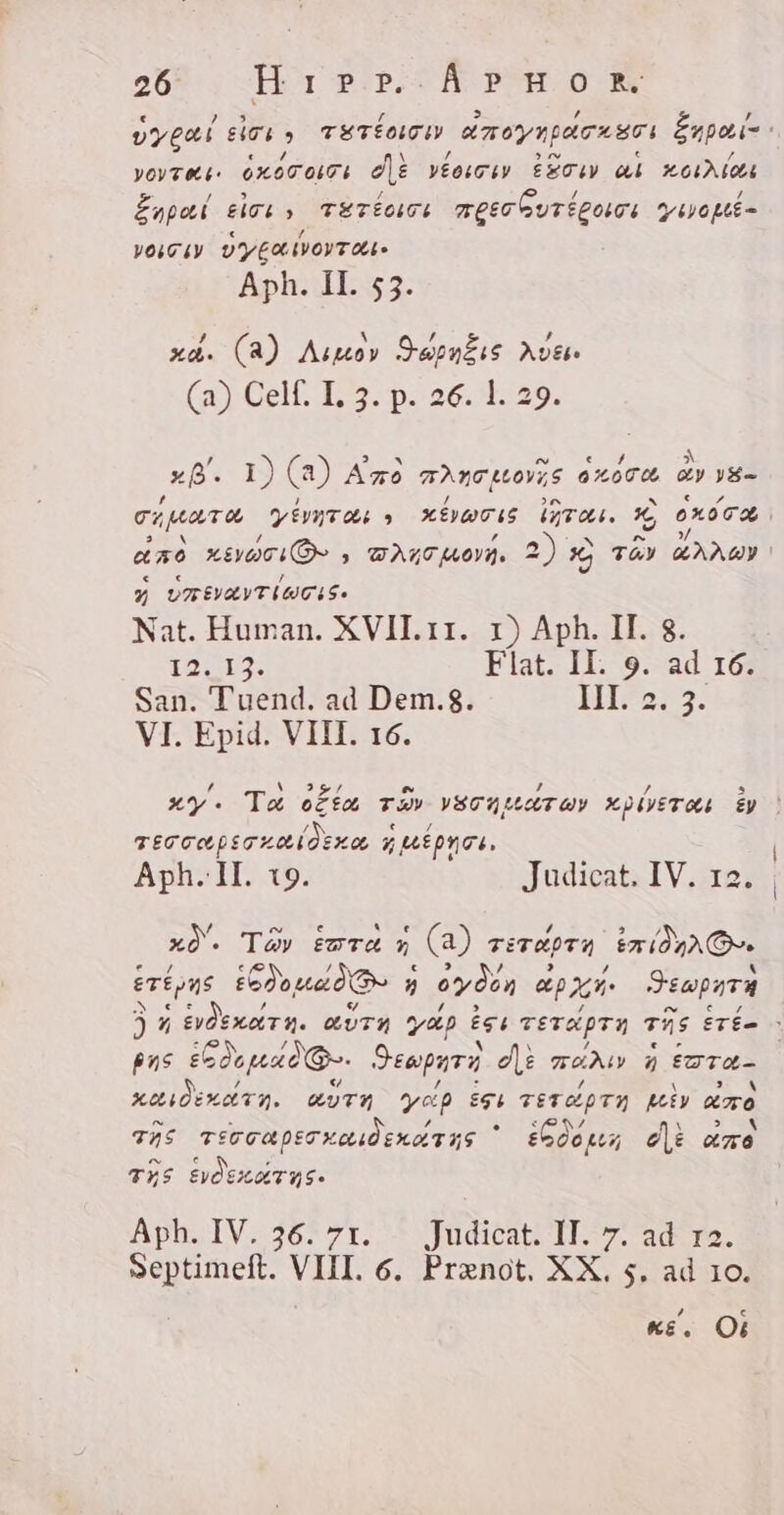 y6y 764: 6x66 0171 d TT ¿ELY al X60 OL Enpaí sici, veriowre mes Gurígoui yivopté- € A VOGLY VYEALIVOYTOL» Aph. II. 53. (a) Aug Soni AE, (a) Celf. L 3. p. 26. 1. 29. `Ë EN e A së, 1) (3) Aro TANTLLOVZS ode ay 18m &lt; &lt; » Y U7FEVAYT LUCA S. Nat. Human. XVII. 11. 1) Aph. II. 8 12.13. Flat. II. 9. ad 16. San. Tuend. ad Dem.$. Miess VI. Epid. VIII. 16. , `V 39/ f , / 3 xy. Tæ ota rw» YSTNUATOY XDIVETOU Ep € / TECTAPETAADEAD SEET, Aph. II. 19. Judicat. IV. 12. xà. Té» ¿ora d (35 TETAPTA H O. ¿r£pns EG oudo y D 0900 SC Zeaterg Pns EG dopad O. Beatzz? de TAN» 2 ETa- LAIÒELATN. ALTA yop EGL TETPTH Gin xro THS TECTAPETAMIOEMAT IS 7 ¿bdo pez ei aro TES dEr, Aph. IV. 36:71. ^ Judicat: II ad To. Septimelft. VIII. 6. Prenot, XX. 5. ad 10. , me. Ot