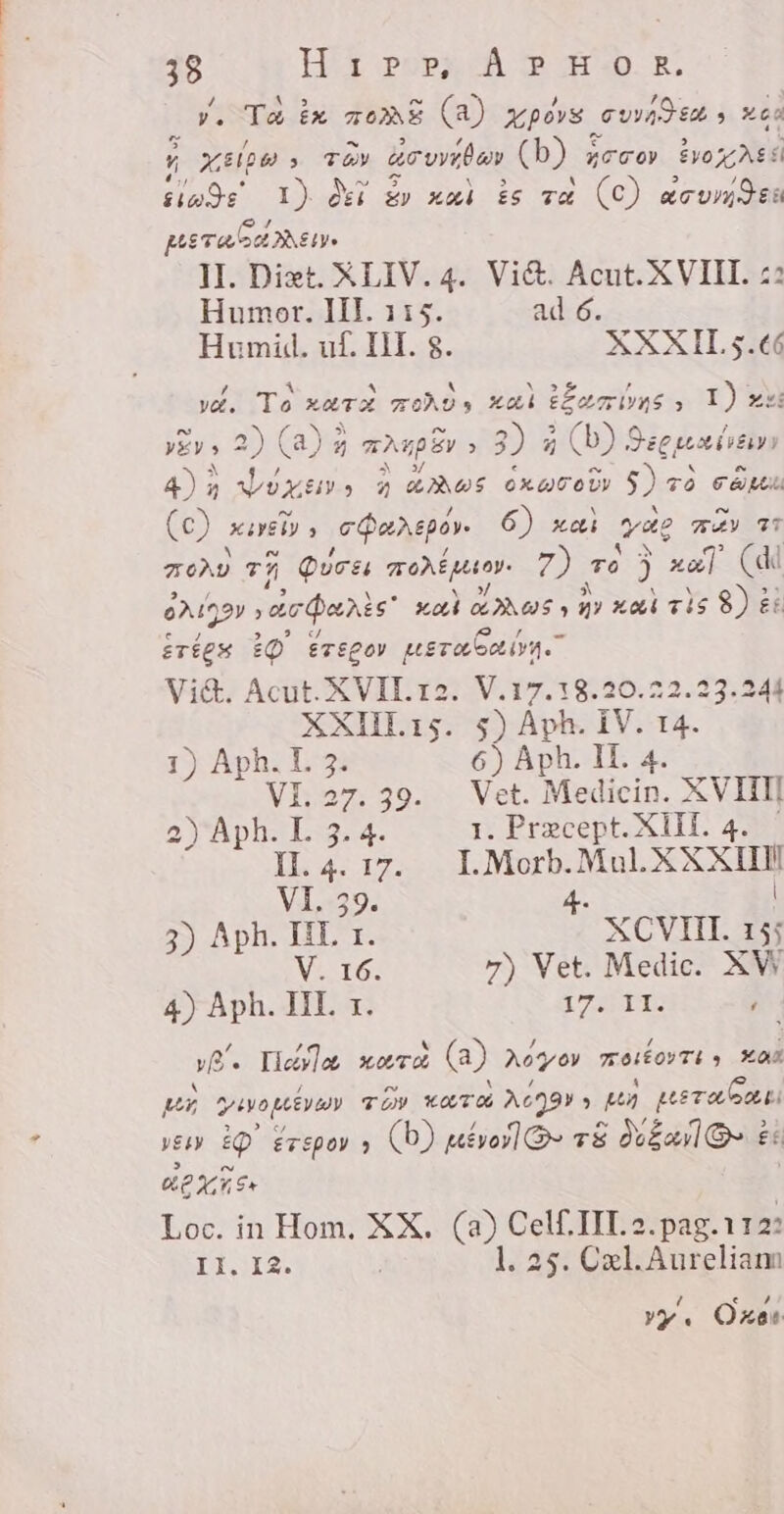 y. To ix zoal (a) xpos E xcd e XD s TOY acuyidar (b) 5 poro voxasi sides I) del £v sei Ze ræ (C) «cumdes pue Ta S tv II. Diet. XLIV. 4. Vi&amp;. Acut. XVIII. £2 Humor. III. 115. ad 6. Humid. uf. IH. 8. XXXIL 5.€ó vd. To xav mods xai Äëezime, Y) xs ën, 2) (a) eis, 3) à (b) Sigue liii) 4) 4 Lóxemo 4 Ser oxaroly $) và cage (c) xri) s TS 6) xai ve EZY TT ZoD dd Qursi zeiten: 2) ze ) xol (di 9272, e unis xo ADS a q) Xo Tis 8) és ETES ip ETELOY pera oo iya. Vi&amp;. Acut. XVII. 12. V.17.18.20.22.23.244 XXIIL15. $) Aph. IV. 14. 1) Aph. I. 3. 6) Aph. H. 4 Vos 30235 Vet. Medicin, XVHII 2) Aph. I. 3. 4. 1. Precept. XIII. 4 IL. 4. 17. | I.Morb.Mul. XXXI VI. 39. 4. | 3) Aph. HL 1. XCVIII. 155 Ve 16: 7) Vet. Medic. XW 4) Aph. HI. 1. Logg Wi Ticyla eg G) royo zaiten , Ka? pen yivoptvwy TEY HATO Aga» » pen pereat, yep ip ETEpOV P (b) E Te TÉ detal € £: SES, Loc. in Hom. XX. (a) Celf. IIT 2.pag. 1122 II. 12. € L 25. Cel. Aureliam yy . Ozer